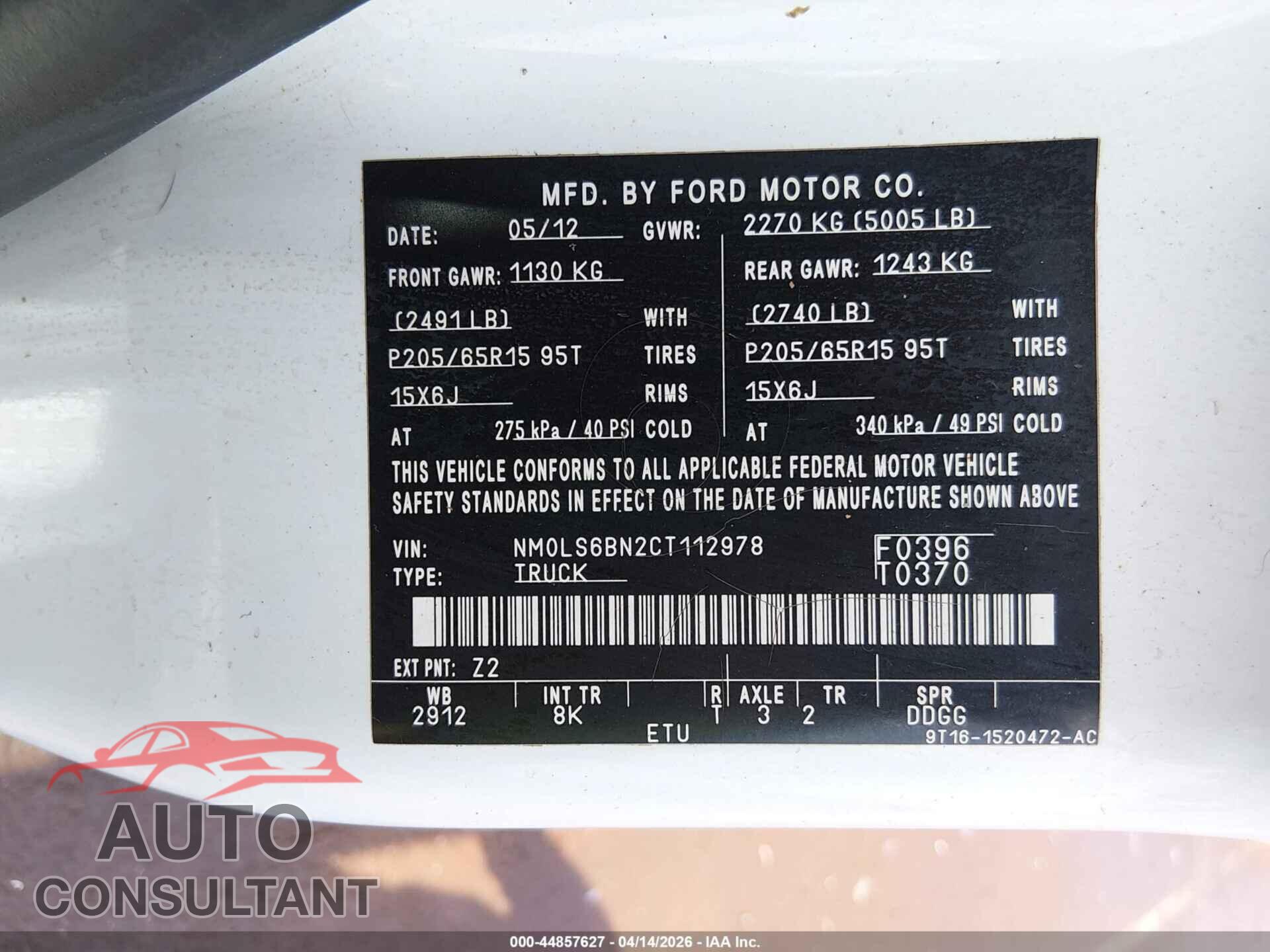 FORD TRANSIT CONNECT 2012 - NM0LS6BN2CT112978