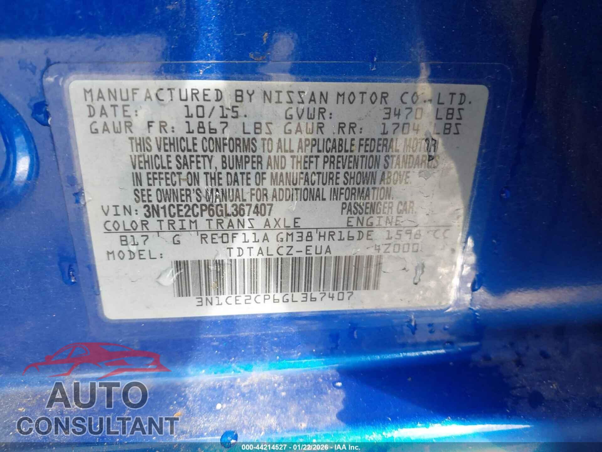 NISSAN VERSA NOTE 2016 - 3N1CE2CP6GL367407