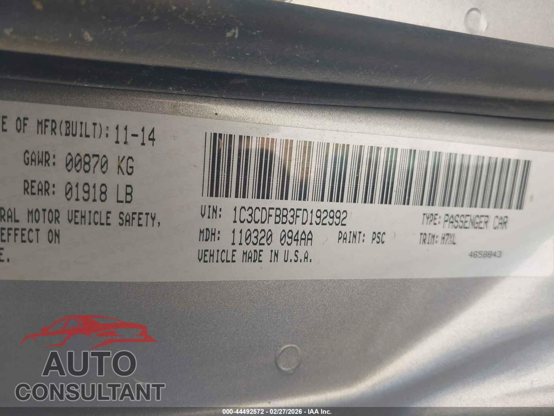 DODGE DART 2015 - 1C3CDFBB3FD192992