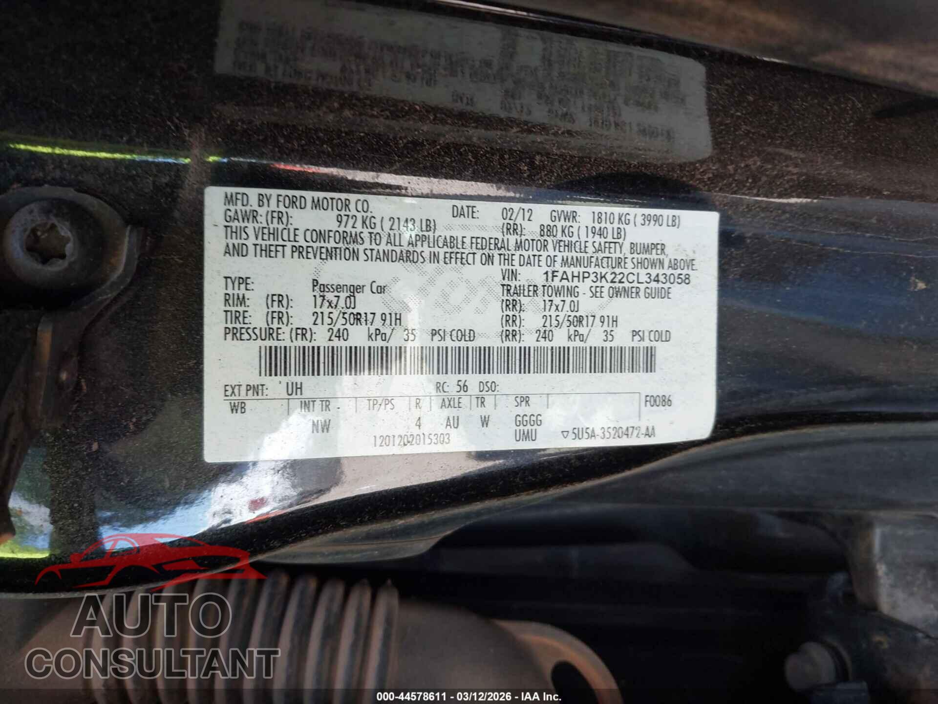 FORD FOCUS 2012 - 1FAHP3K22CL343058