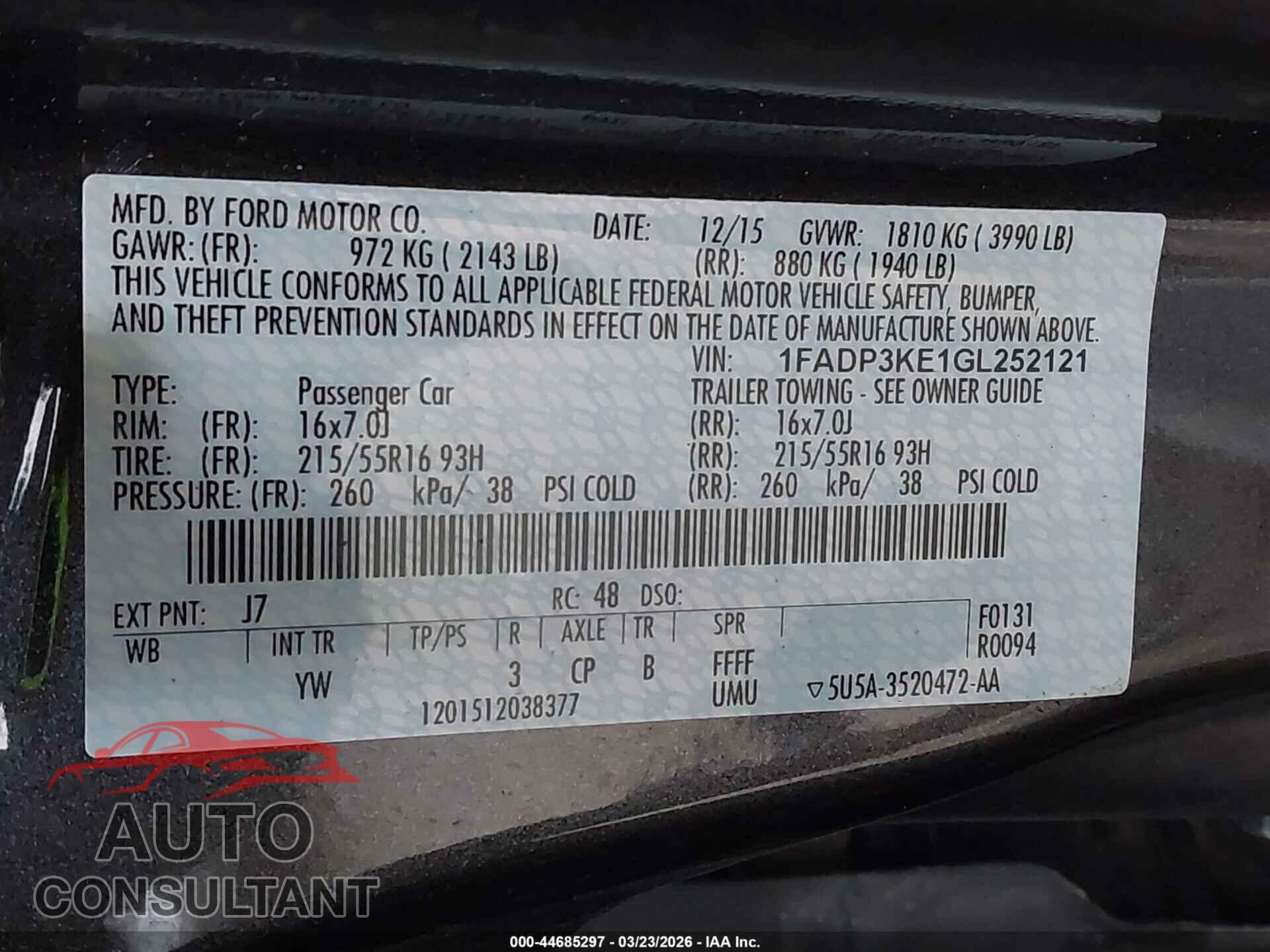 FORD FOCUS 2016 - 1FADP3KE1GL252121