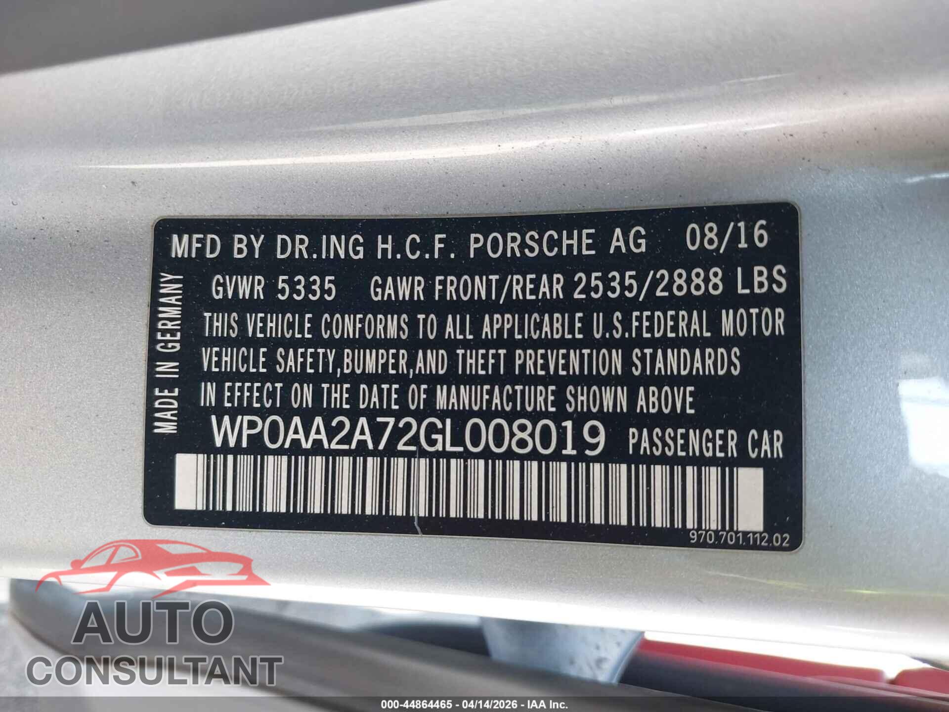 PORSCHE PANAMERA 2016 - WP0AA2A72GL008019