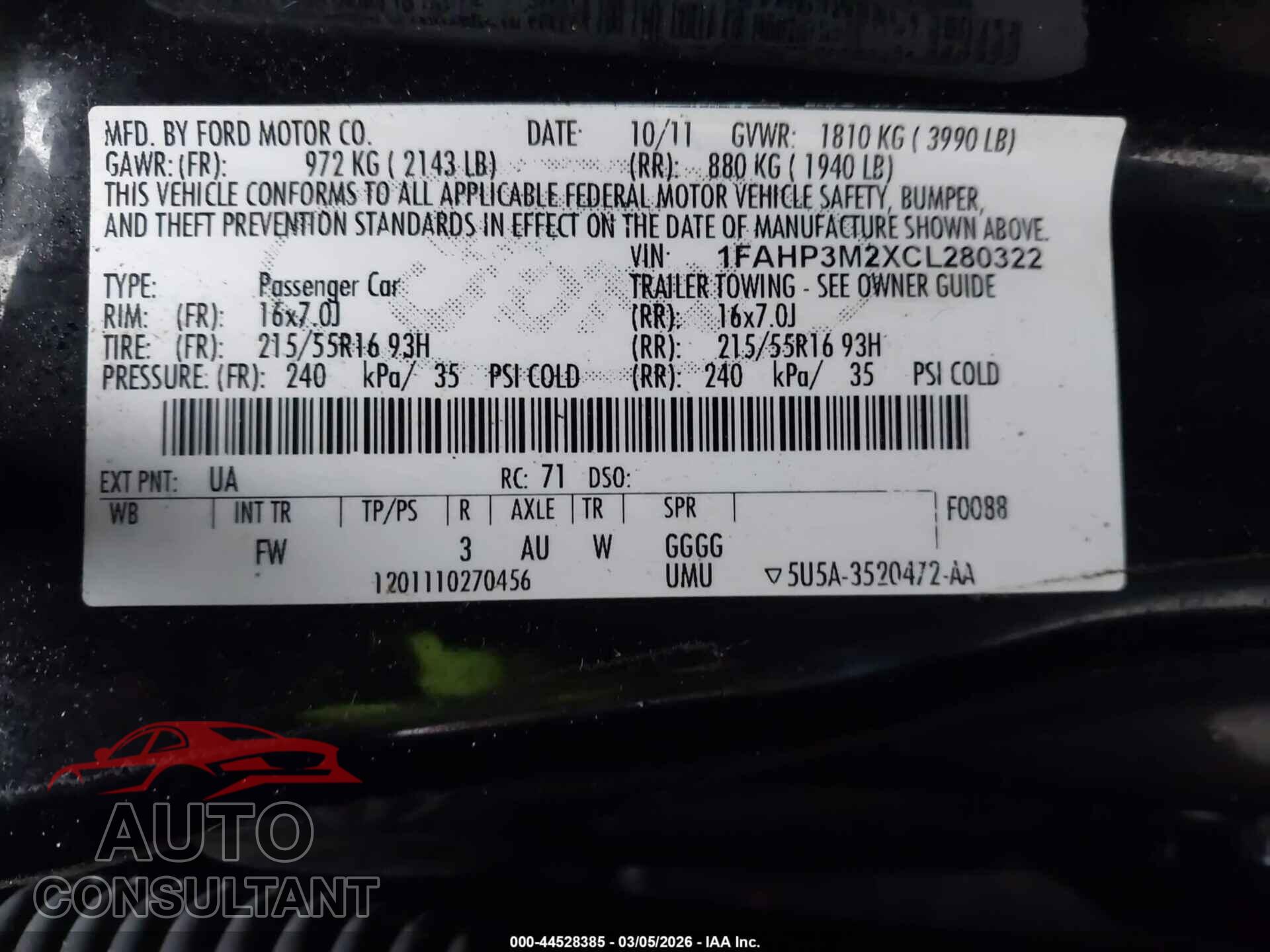 FORD FOCUS 2012 - 1FAHP3M2XCL280322