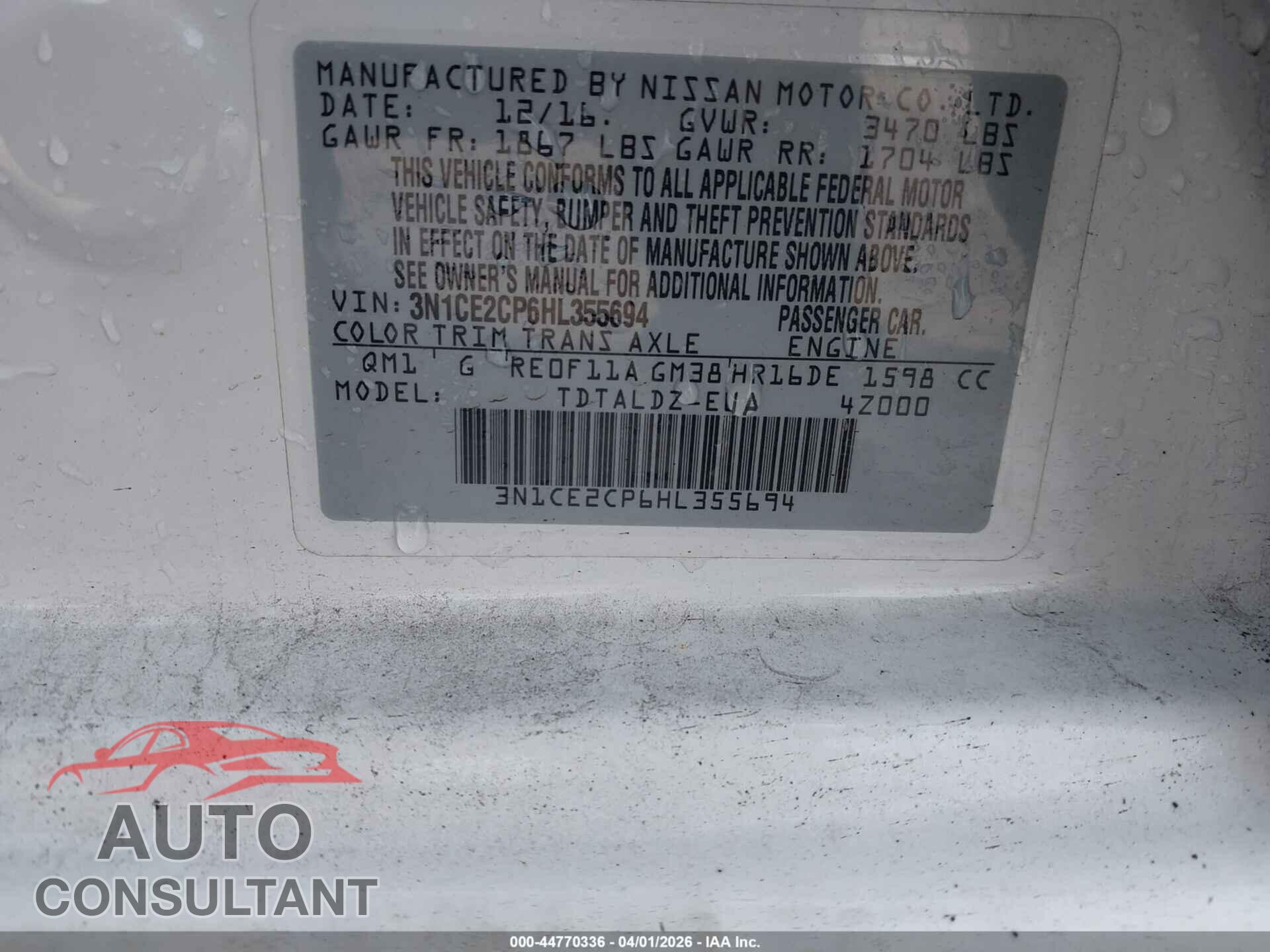 NISSAN VERSA NOTE 2017 - 3N1CE2CP6HL355694