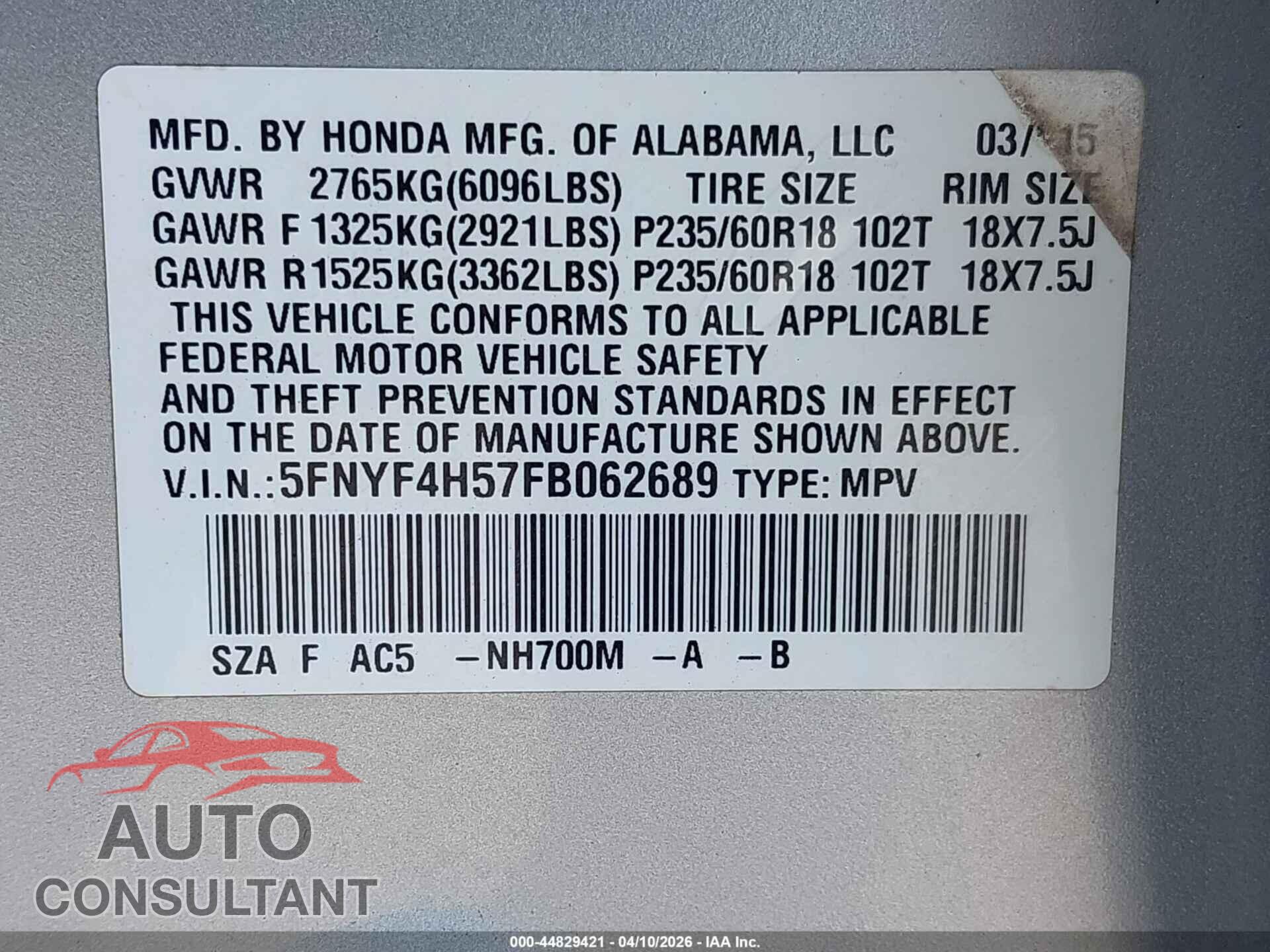 HONDA PILOT 2015 - 5FNYF4H57FB062689
