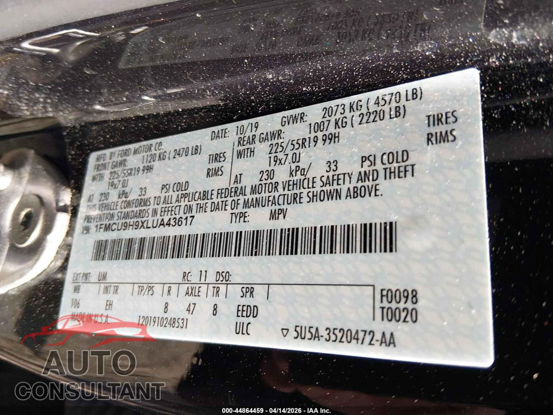 FORD ESCAPE 2020 - 1FMCU9H9XLUA43617