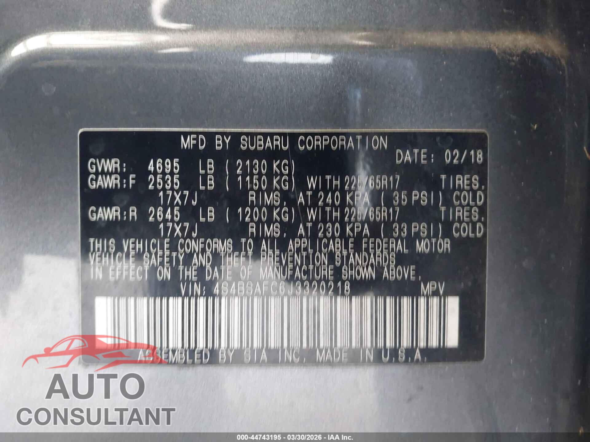 SUBARU OUTBACK 2018 - 4S4BSAFC6J3320218