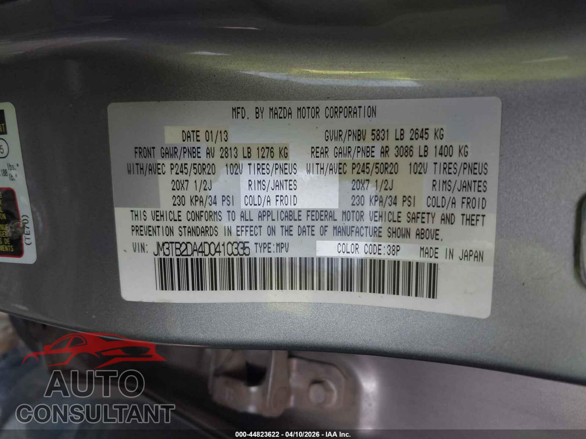 MAZDA CX-9 2013 - JM3TB2DA4D0410335
