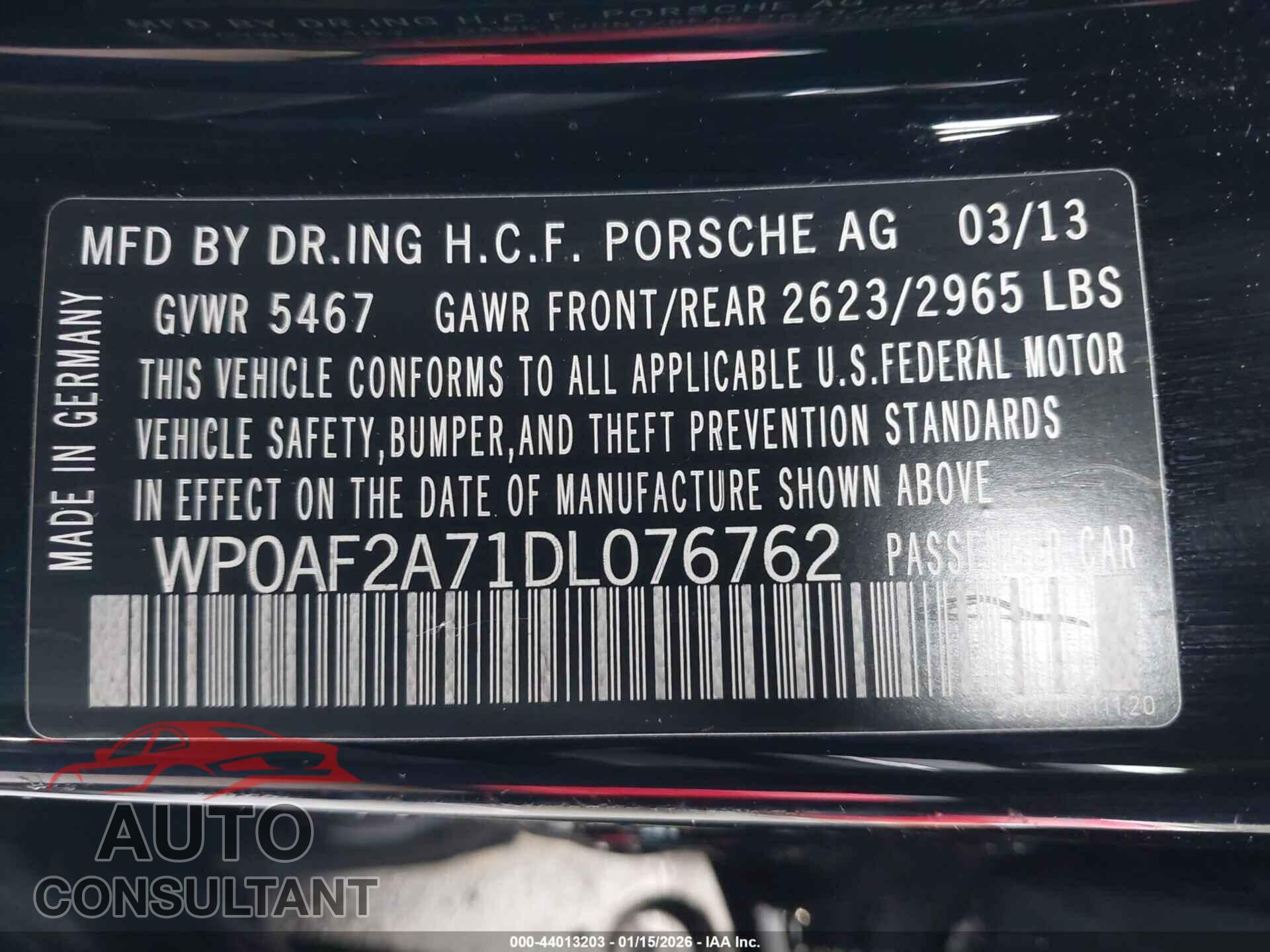 PORSCHE PANAMERA 2013 - WP0AF2A71DL076762