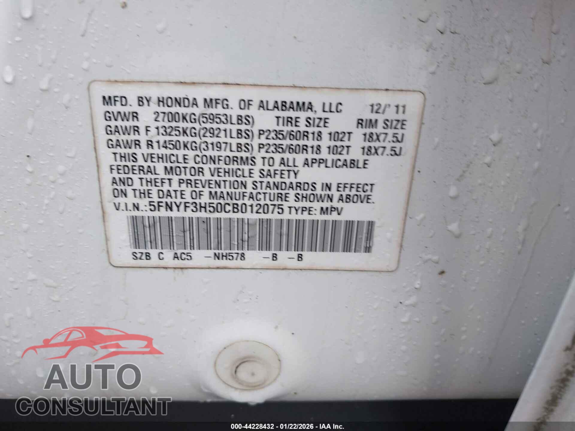 HONDA PILOT 2012 - 5FNYF3H50CB012075