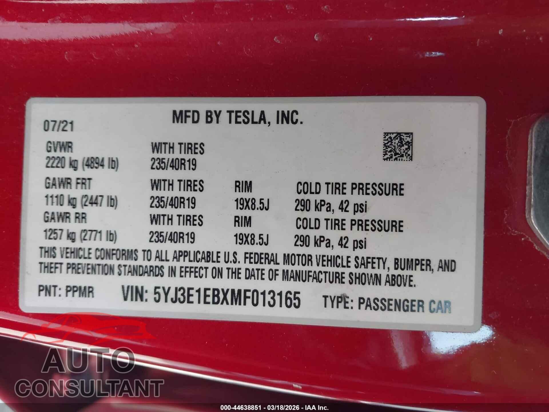 TESLA MODEL 3 2021 - 5YJ3E1EBXMF013165