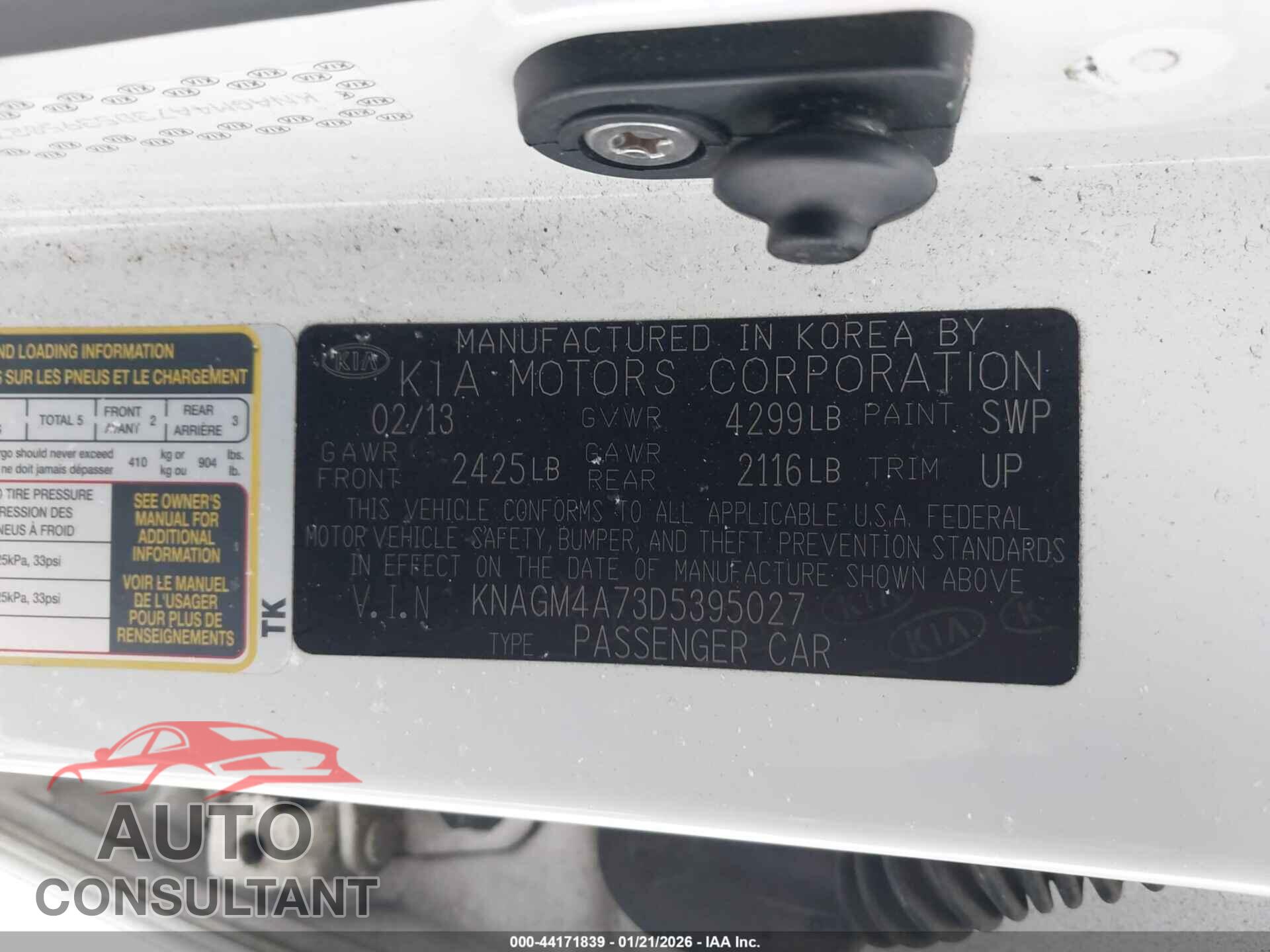 KIA OPTIMA 2013 - KNAGM4A73D5395027