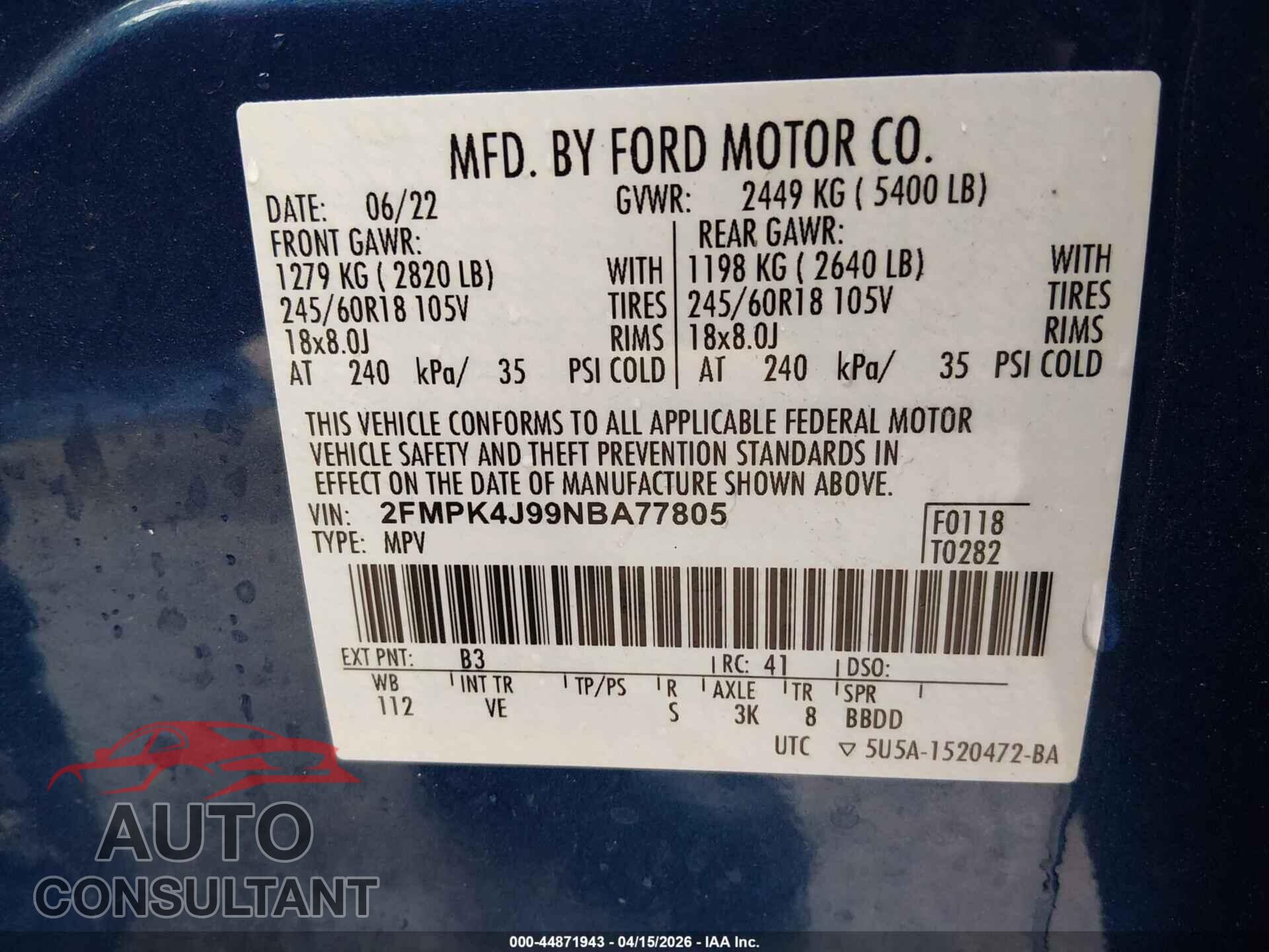 FORD EDGE 2022 - 2FMPK4J99NBA77805