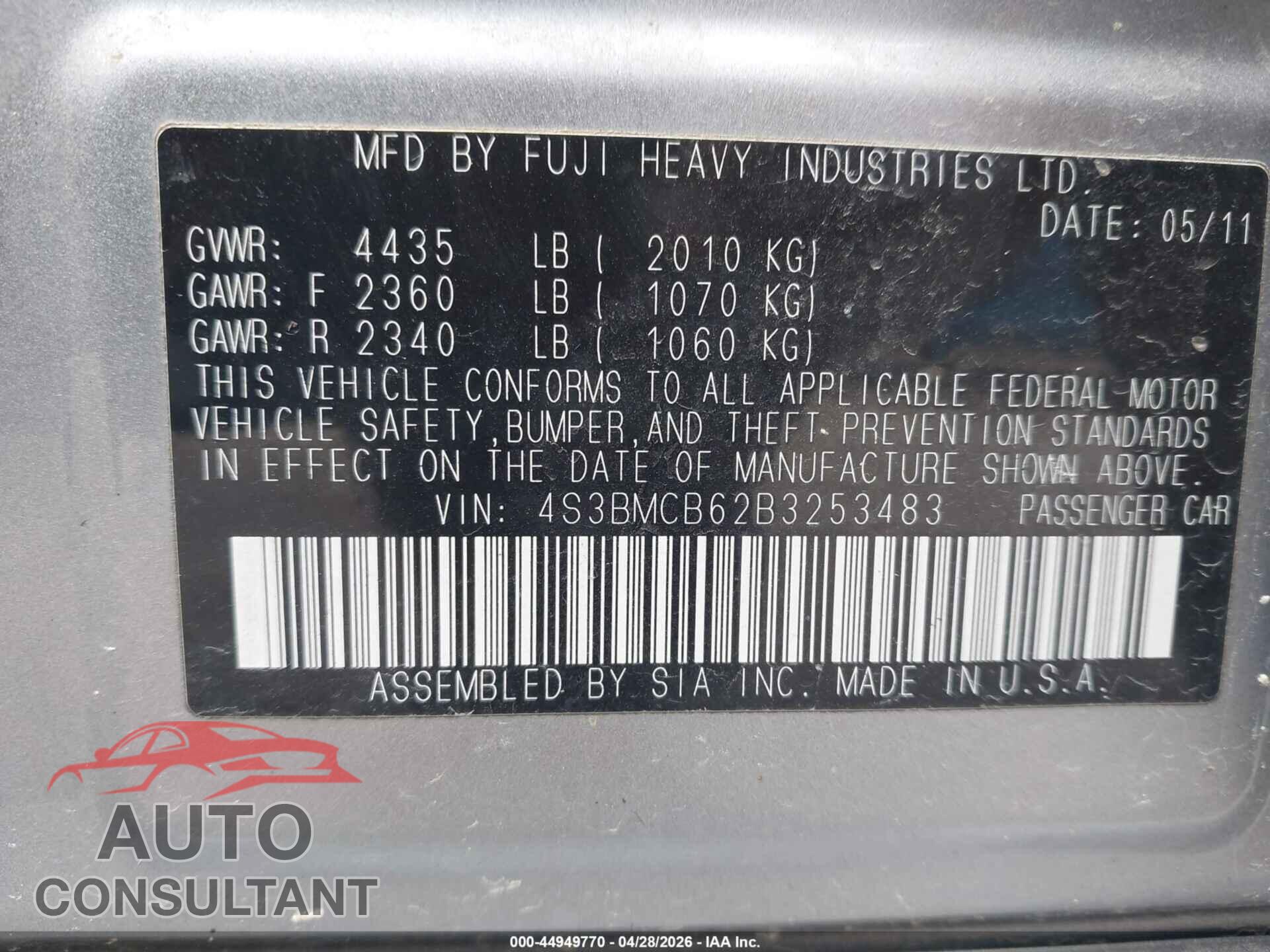 SUBARU LEGACY 2011 - 4S3BMCB62B3253483