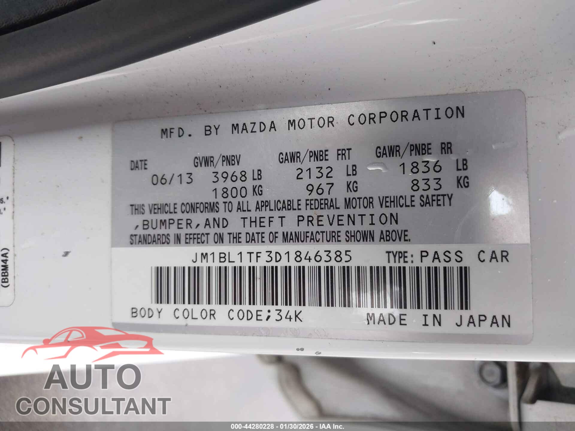 MAZDA MAZDA3 2013 - JM1BL1TF3D1846385