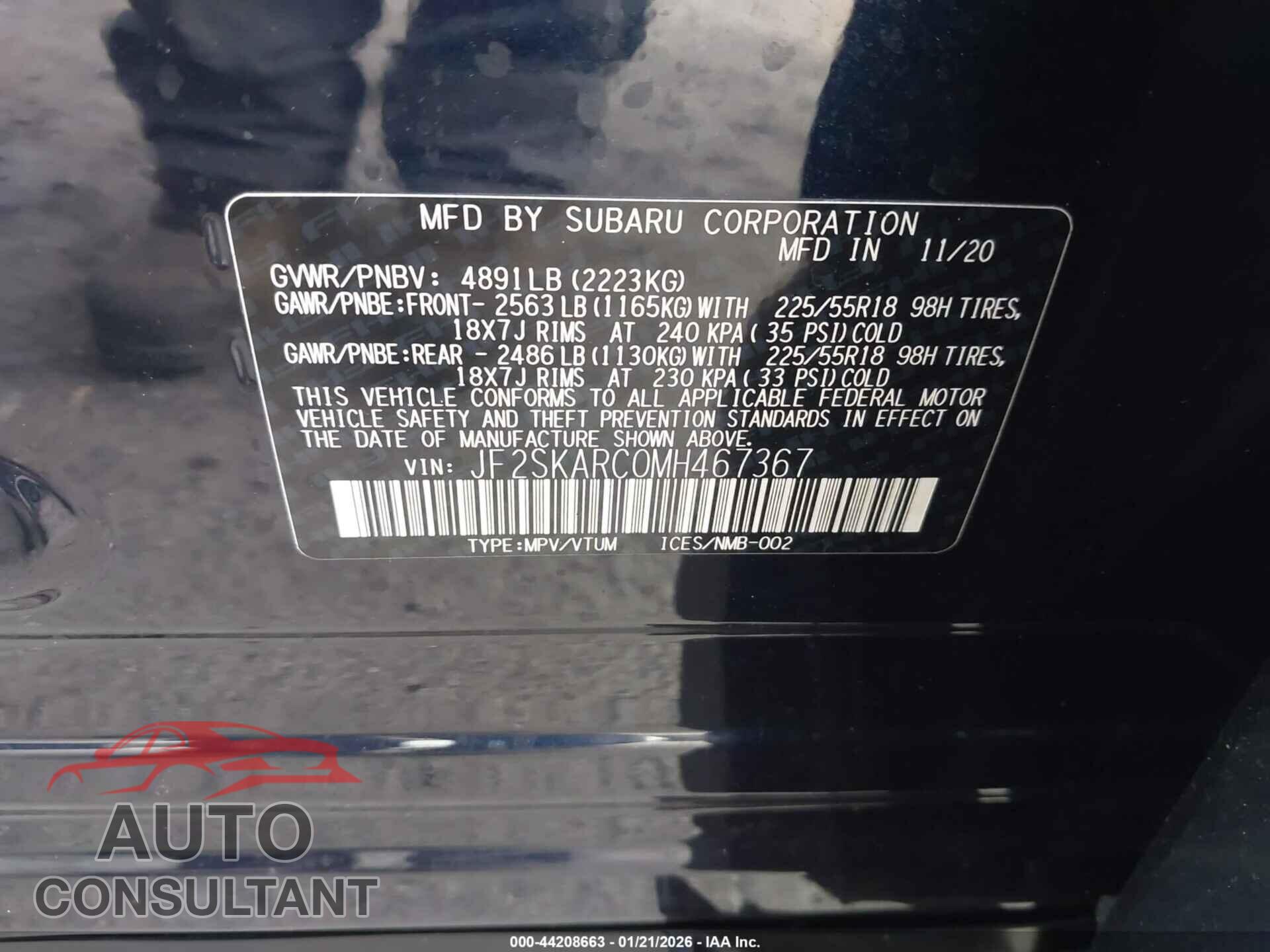 SUBARU FORESTER 2021 - JF2SKARC0MH467367