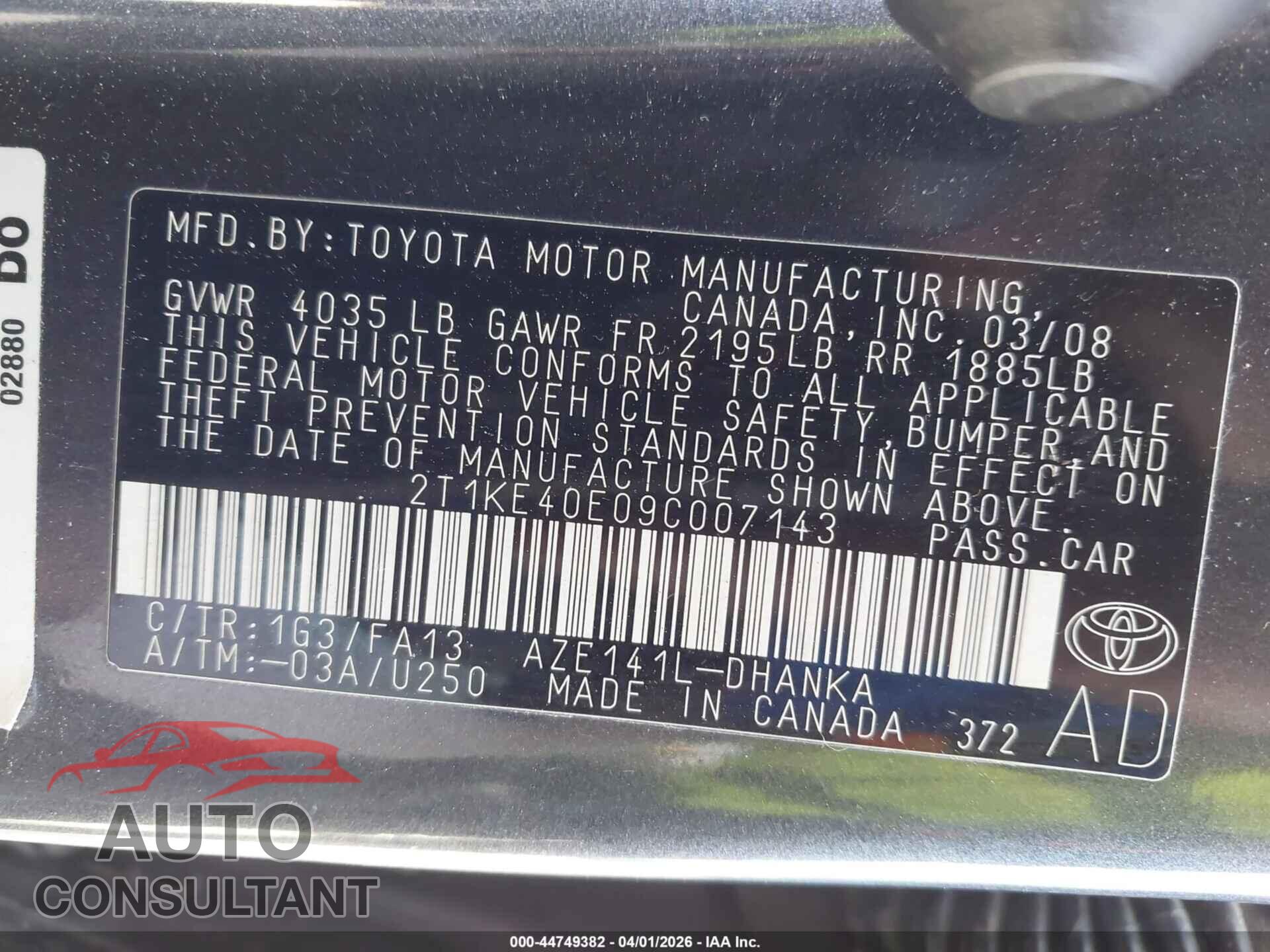 TOYOTA MATRIX 2009 - 2T1KE40E09C007143