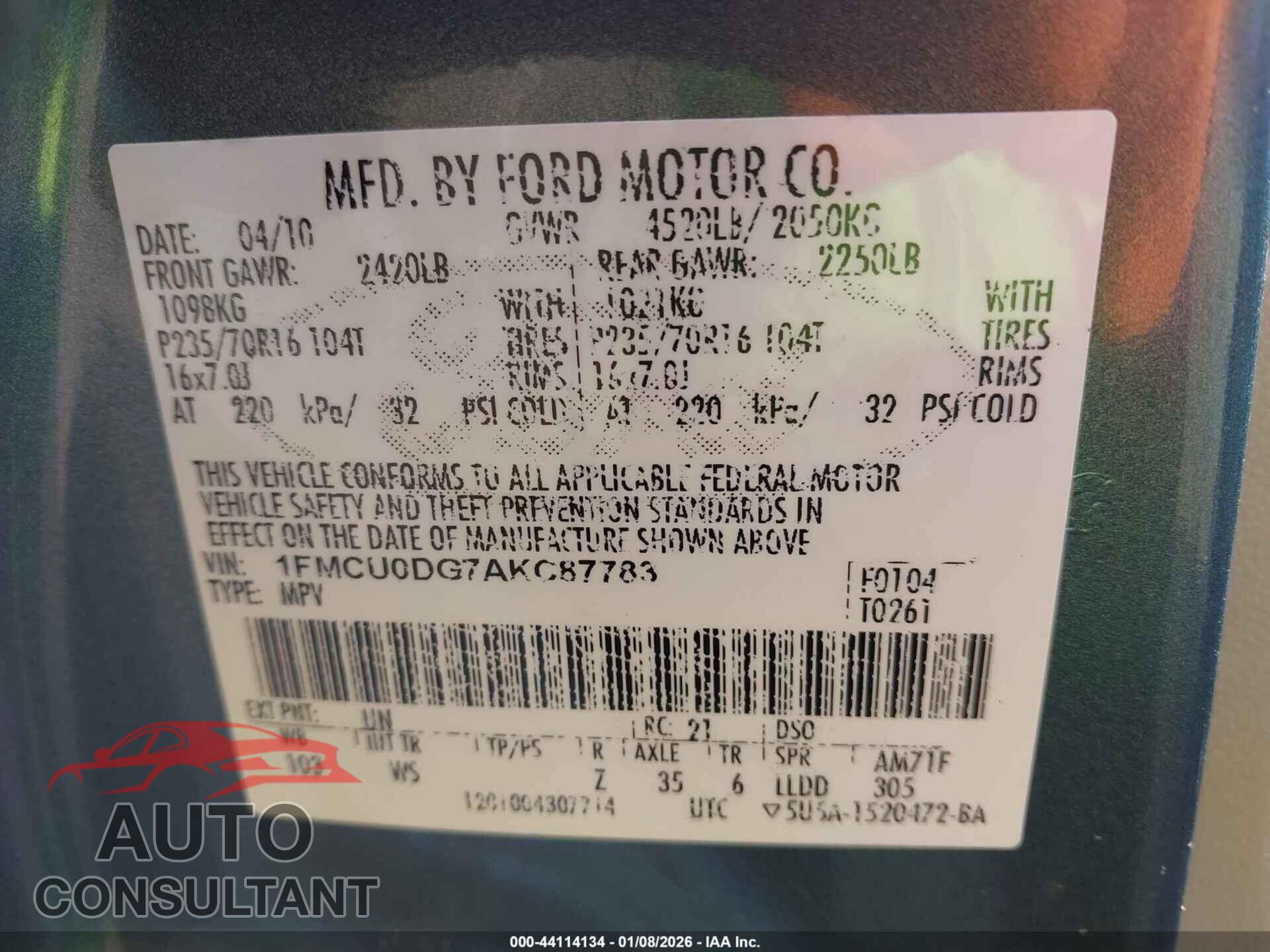 FORD ESCAPE 2010 - 1FMCU0DG7AKC87783