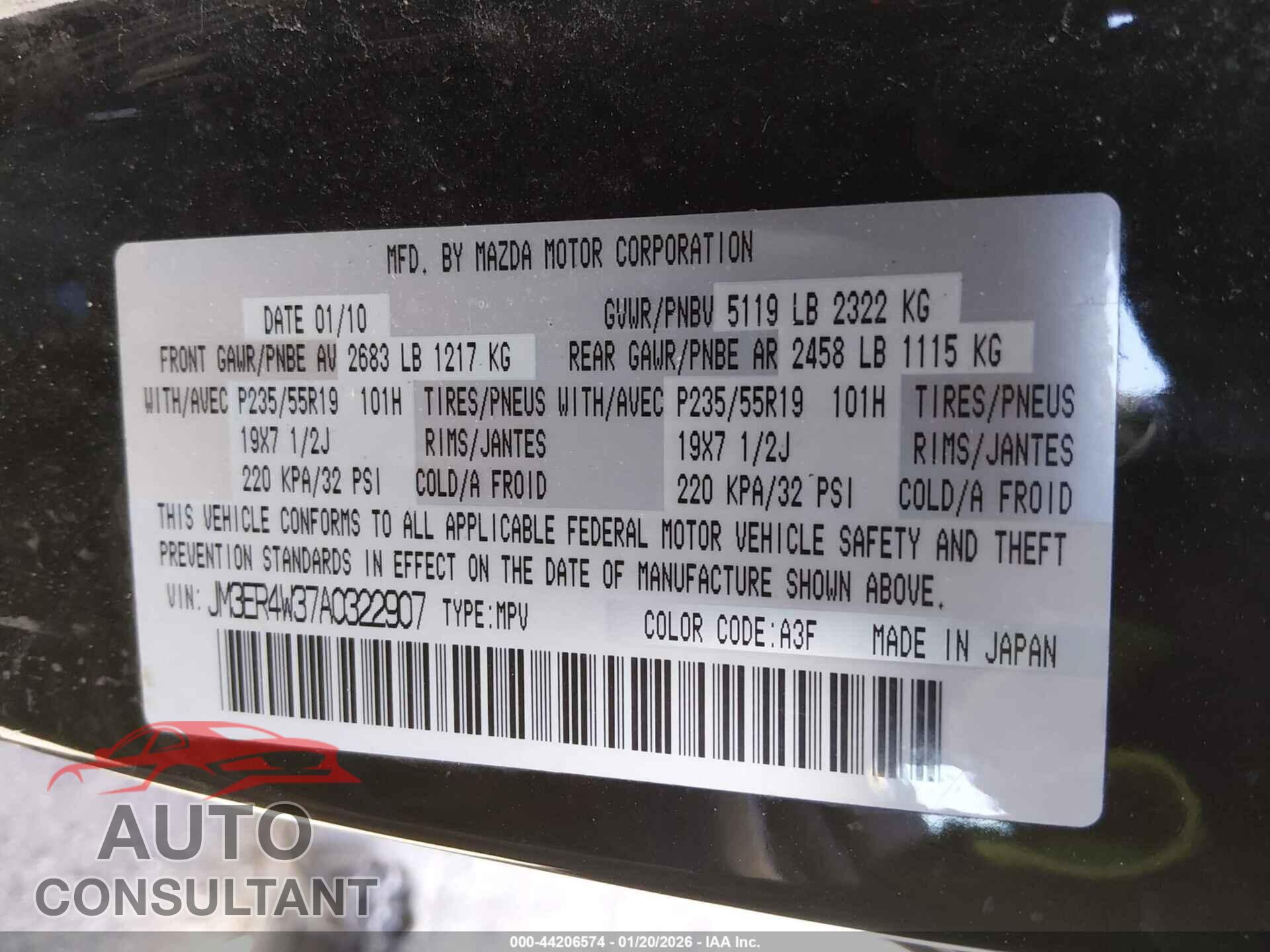 MAZDA CX-7 2010 - JM3ER4W37A0322907
