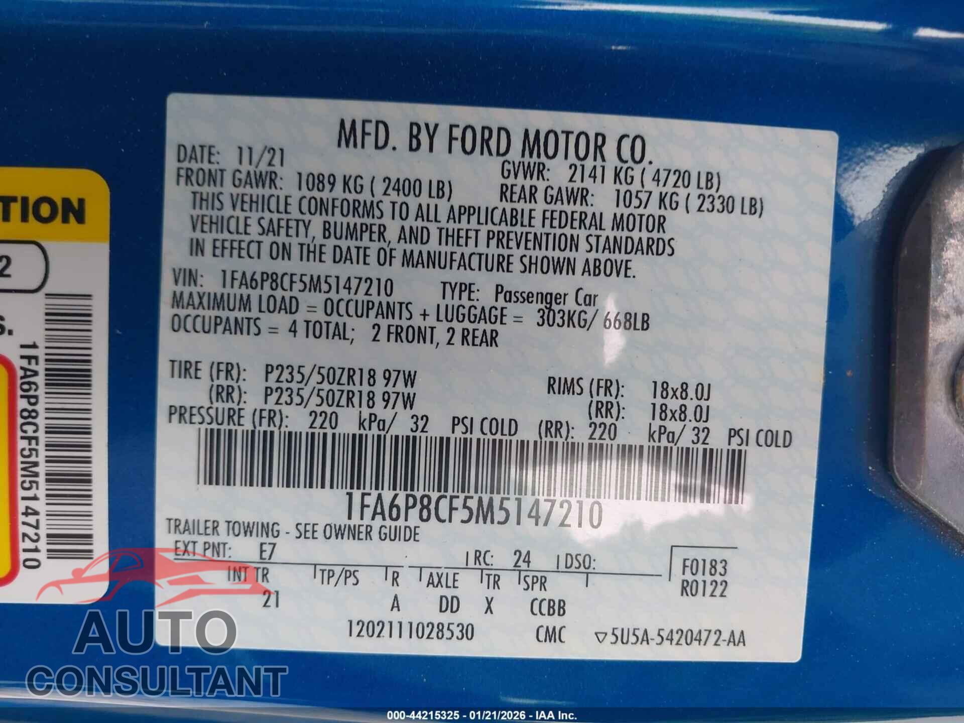 FORD MUSTANG 2021 - 1FA6P8CF5M5147210
