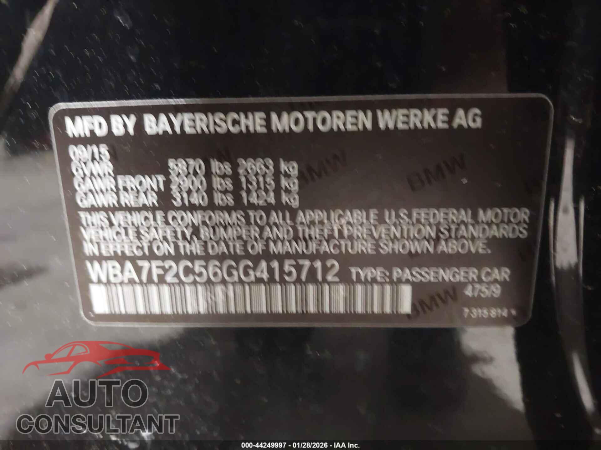BMW 750I 2016 - WBA7F2C56GG415712