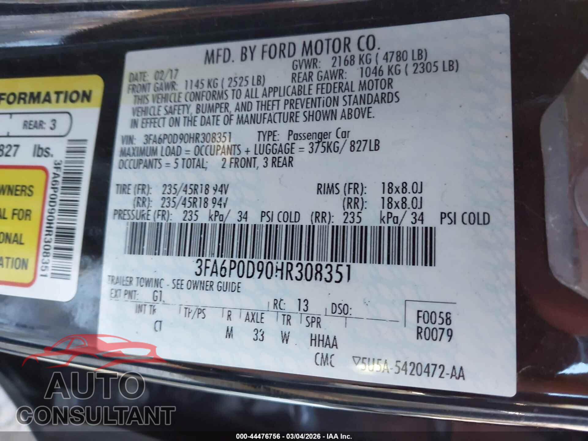 FORD FUSION 2017 - 3FA6P0D90HR308351