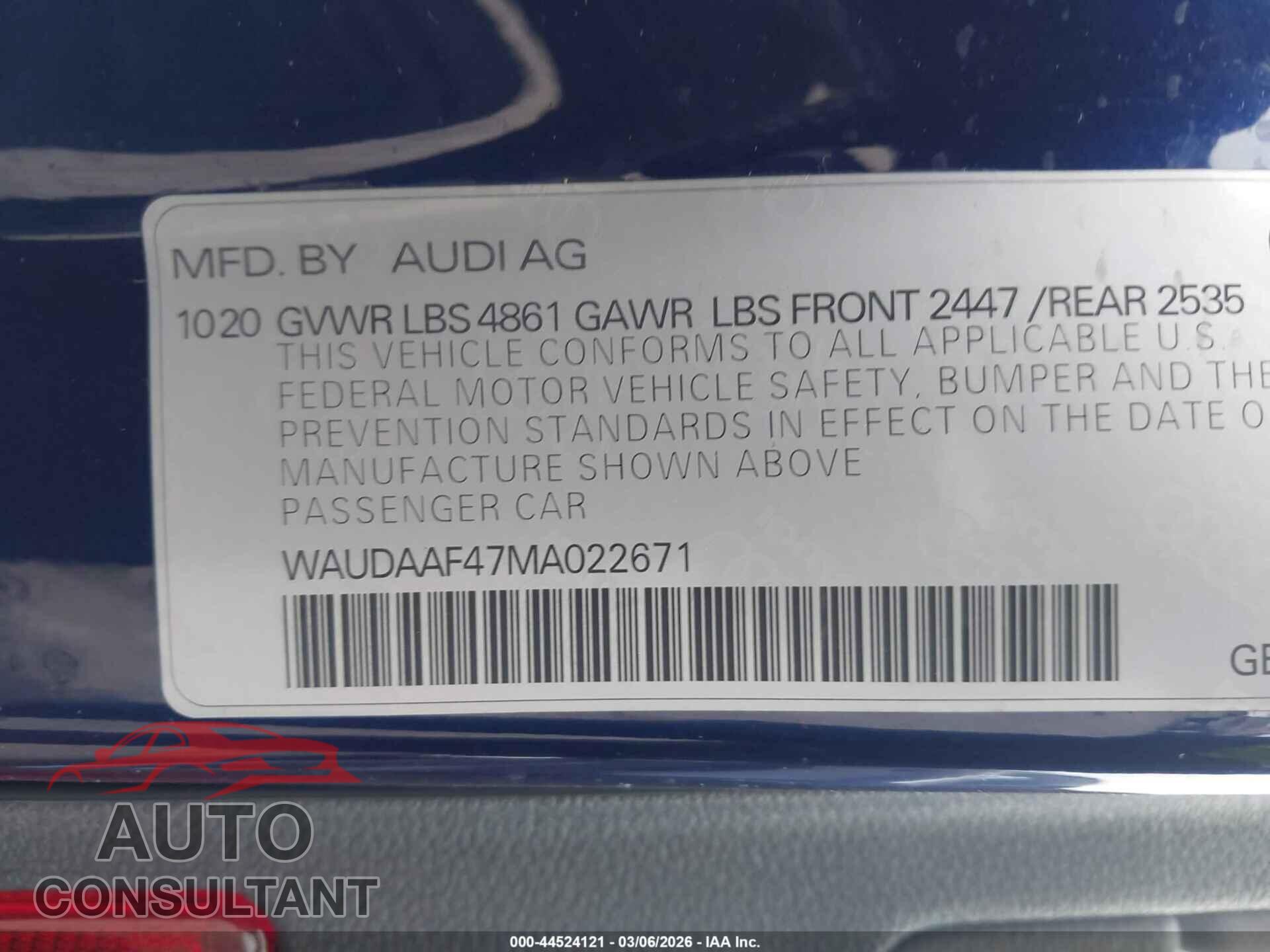 AUDI A4 2021 - WAUDAAF47MA022671