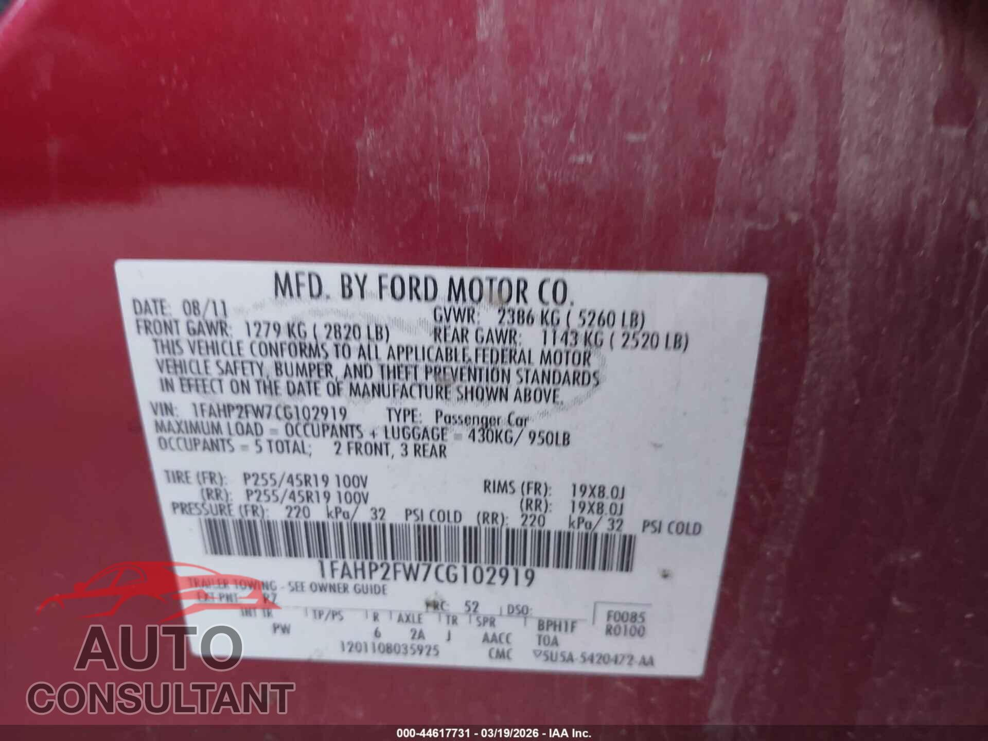FORD TAURUS 2012 - 1FAHP2FW7CG102919