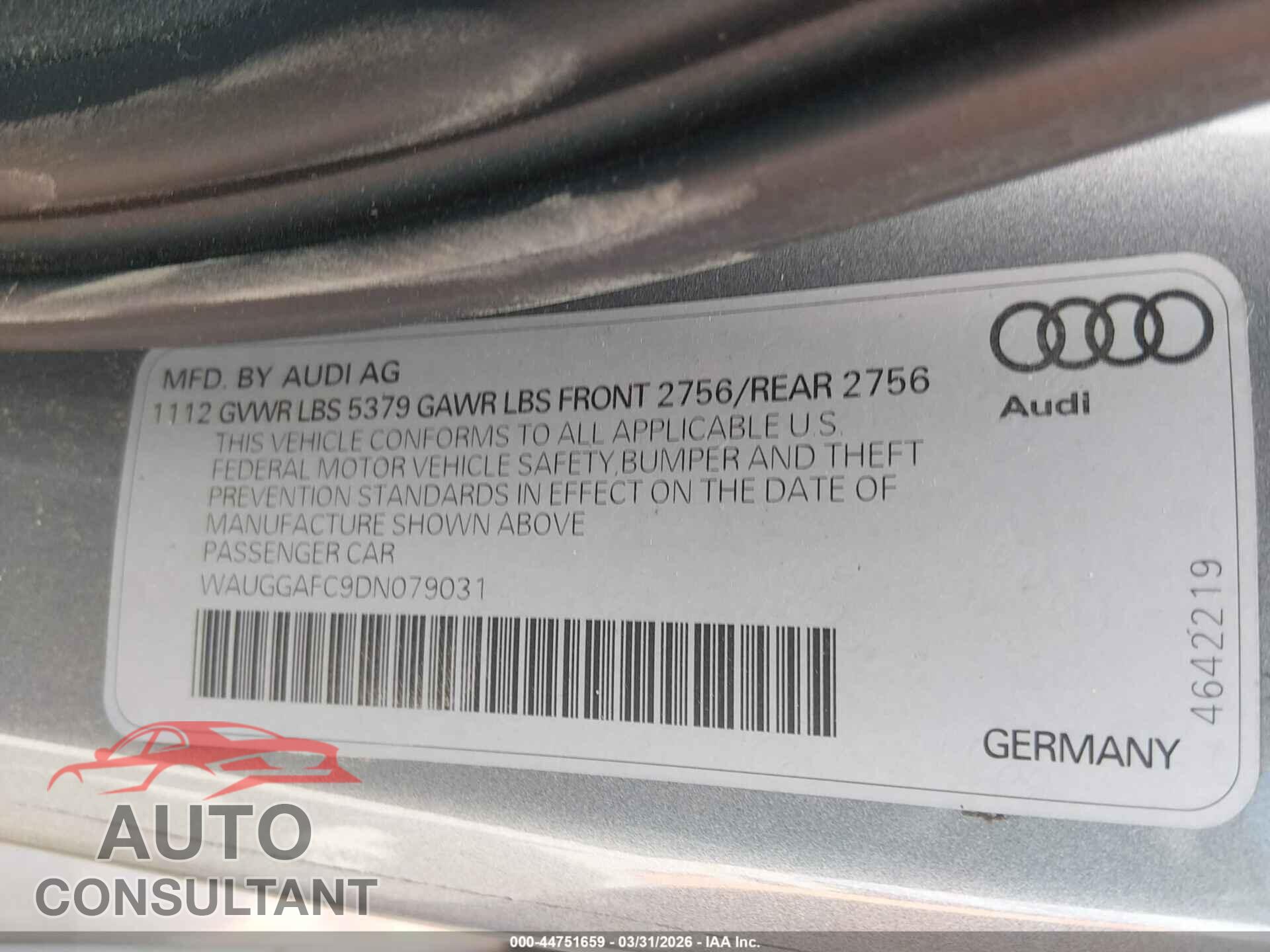 AUDI A6 2013 - WAUGGAFC9DN079031