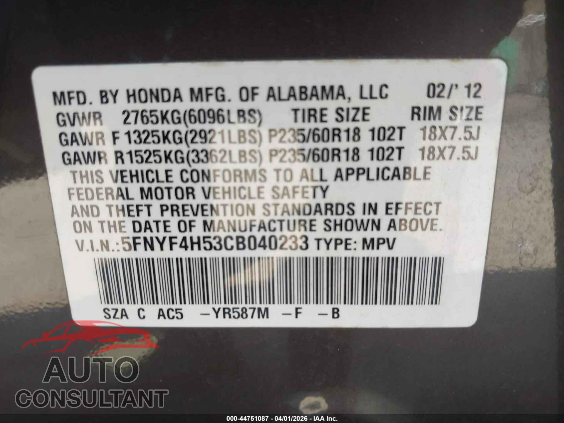 HONDA PILOT 2012 - 5FNYF4H53CB040233