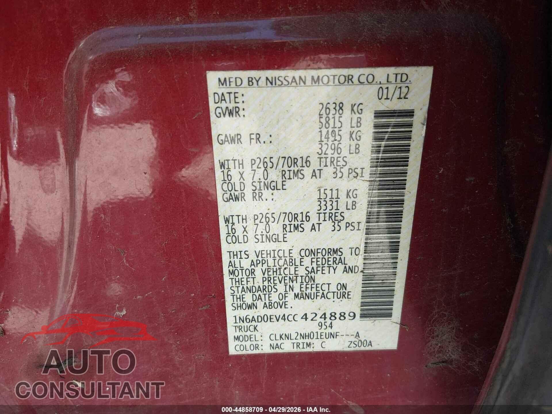 NISSAN FRONTIER 2012 - 1N6AD0EV4CC424889