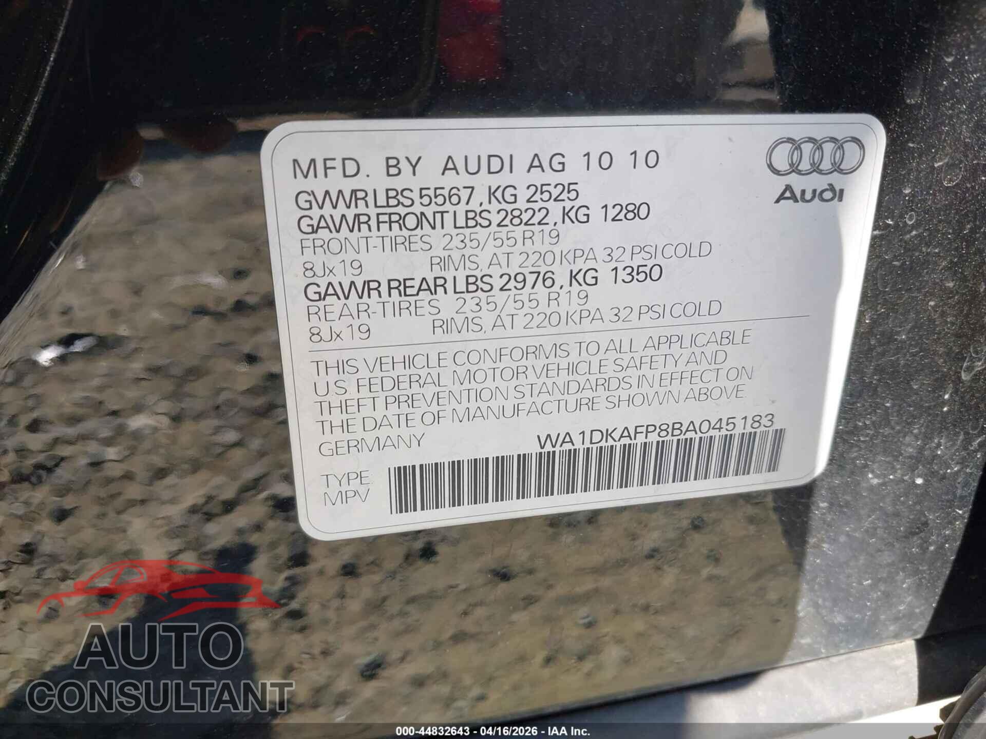 AUDI Q5 2011 - WA1DKAFP8BA045183