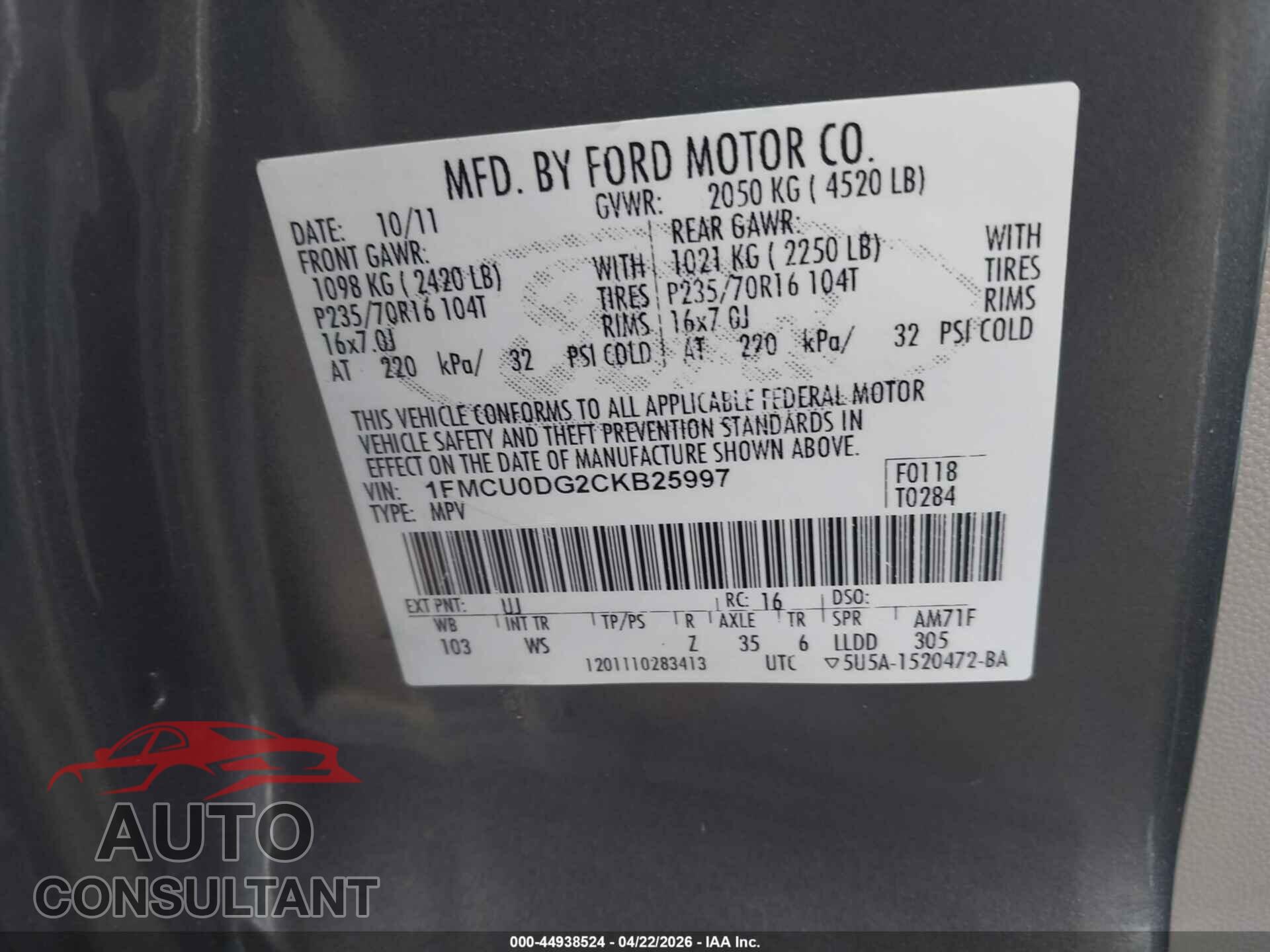 FORD ESCAPE 2012 - 1FMCU0DG2CKB25997