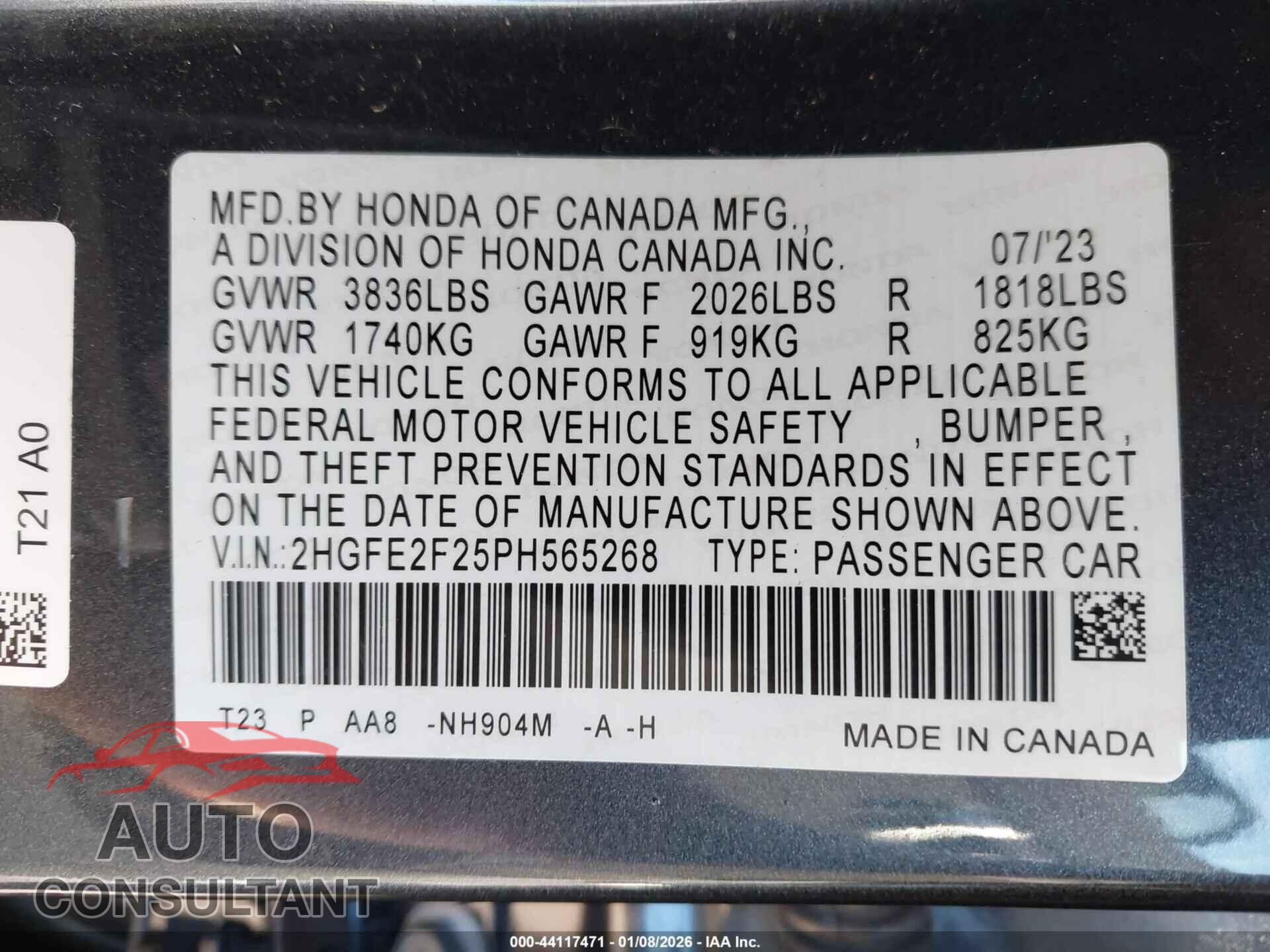 HONDA CIVIC 2023 - 2HGFE2F25PH565268