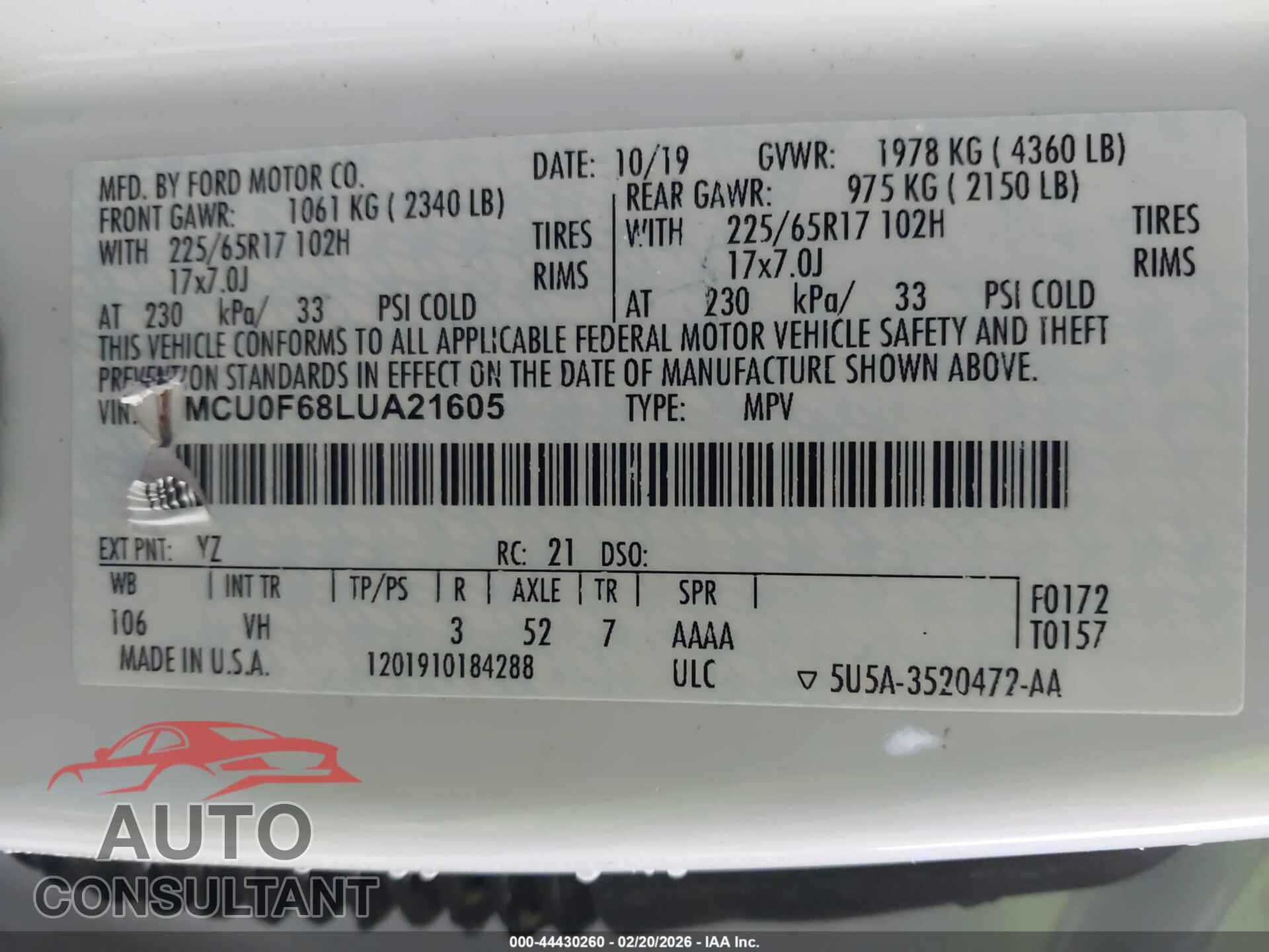 FORD ESCAPE 2020 - 1FMCU0F68LUA21605