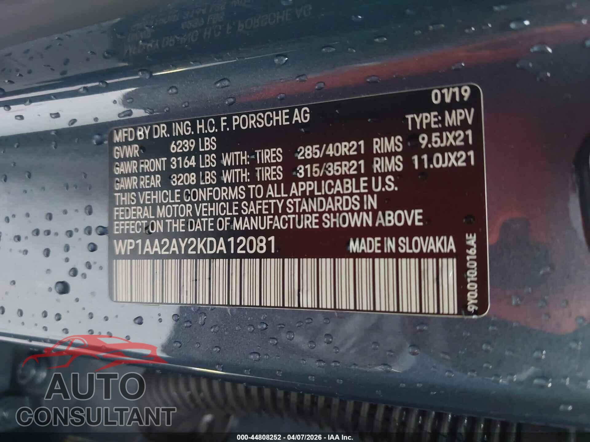 PORSCHE CAYENNE 2019 - WP1AA2AY2KDA12081