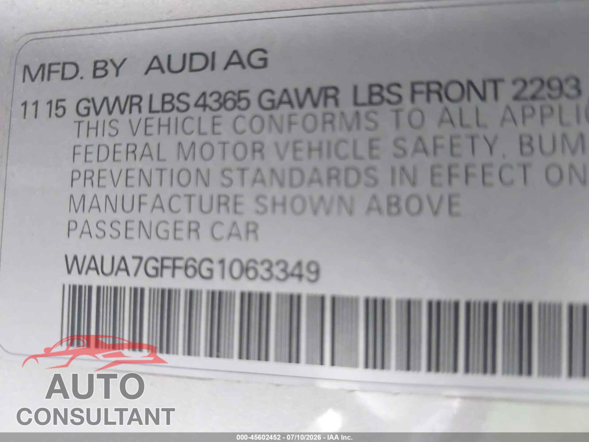 AUDI A3 2016 - WAUA7GFF6G1063349