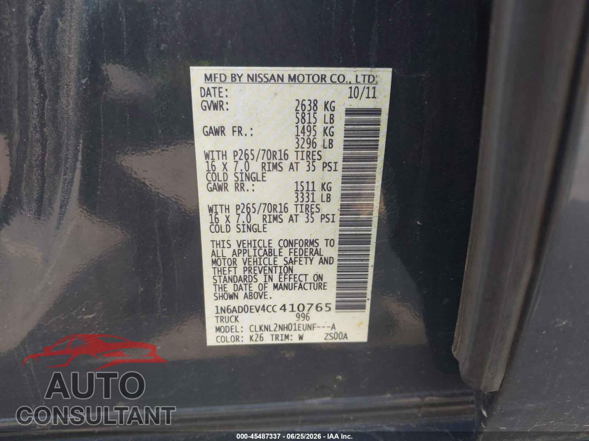 NISSAN FRONTIER 2012 - 1N6AD0EV4CC410765