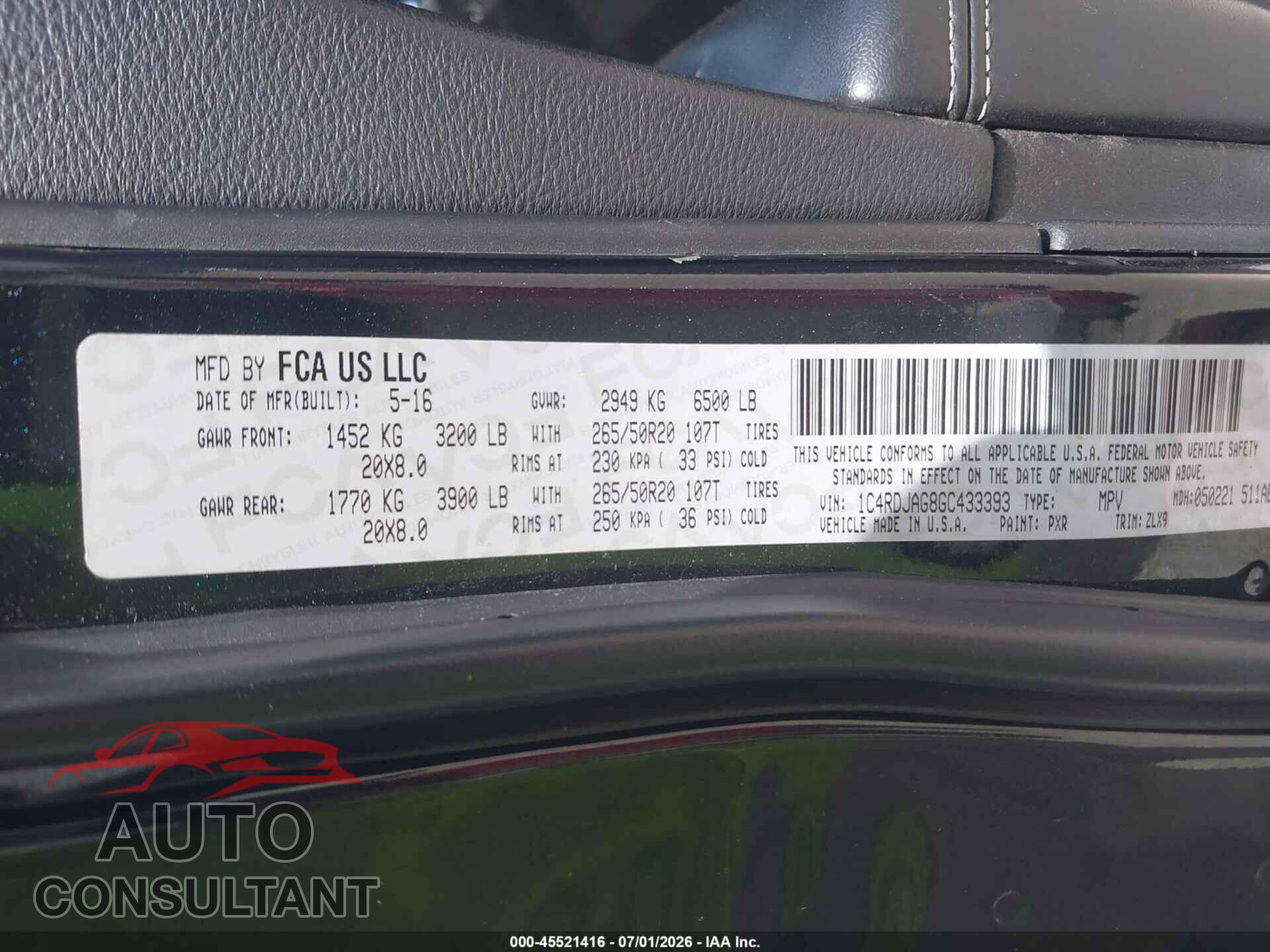 DODGE DURANGO 2016 - 1C4RDJAG8GC433393