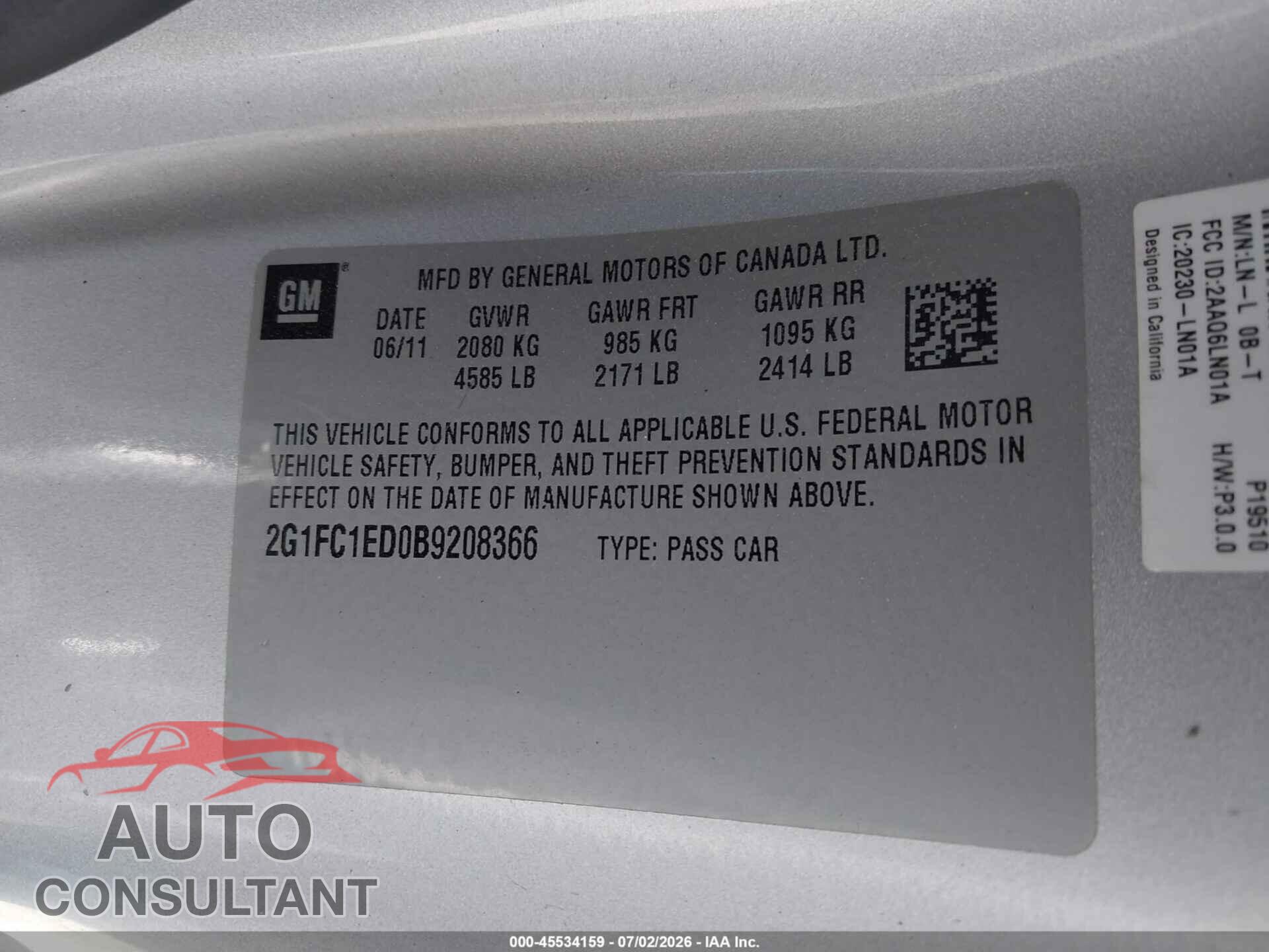CHEVROLET CAMARO 2011 - 2G1FC1ED0B9208366