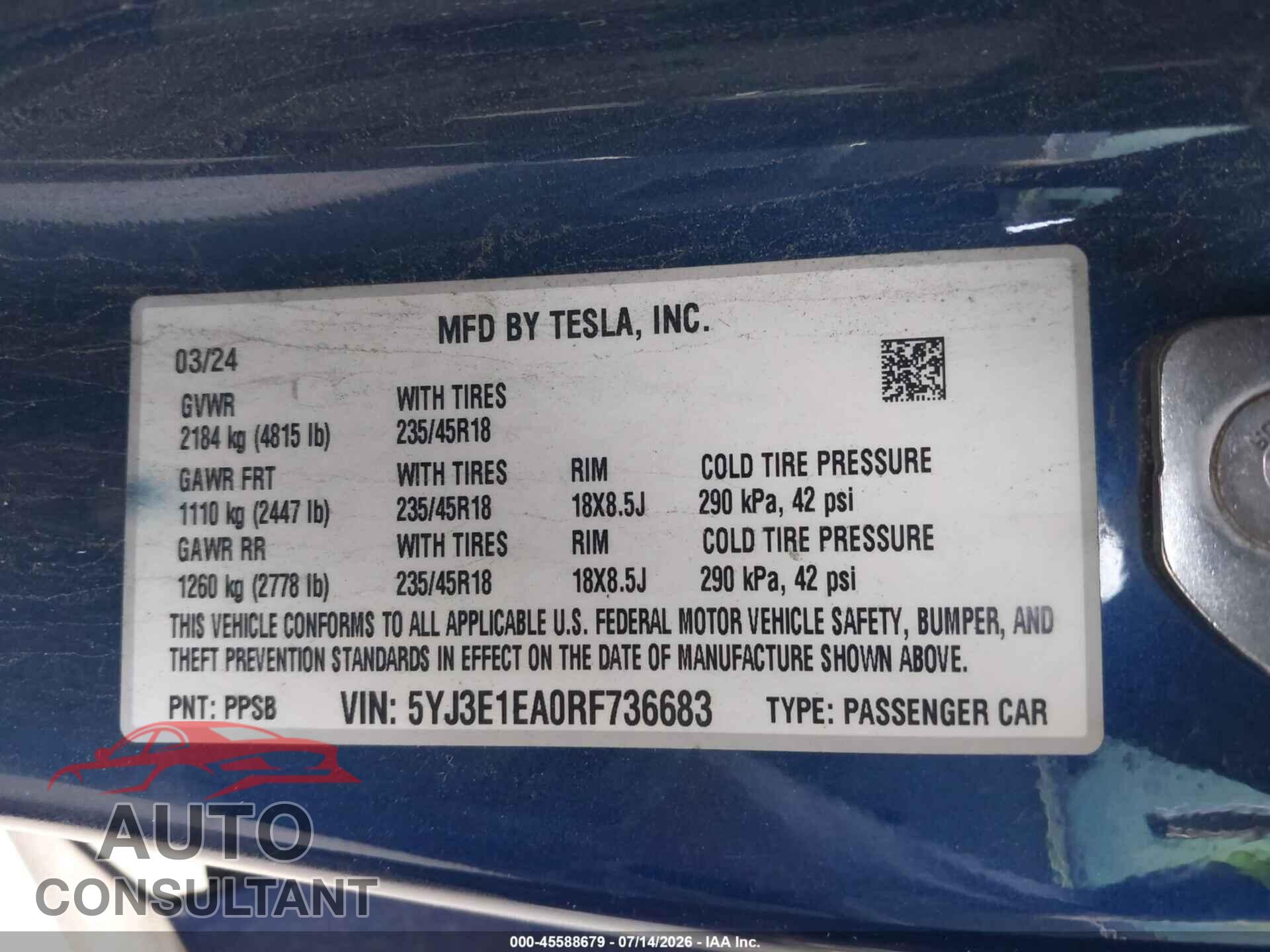 TESLA MODEL 3 2024 - 5YJ3E1EA0RF736683