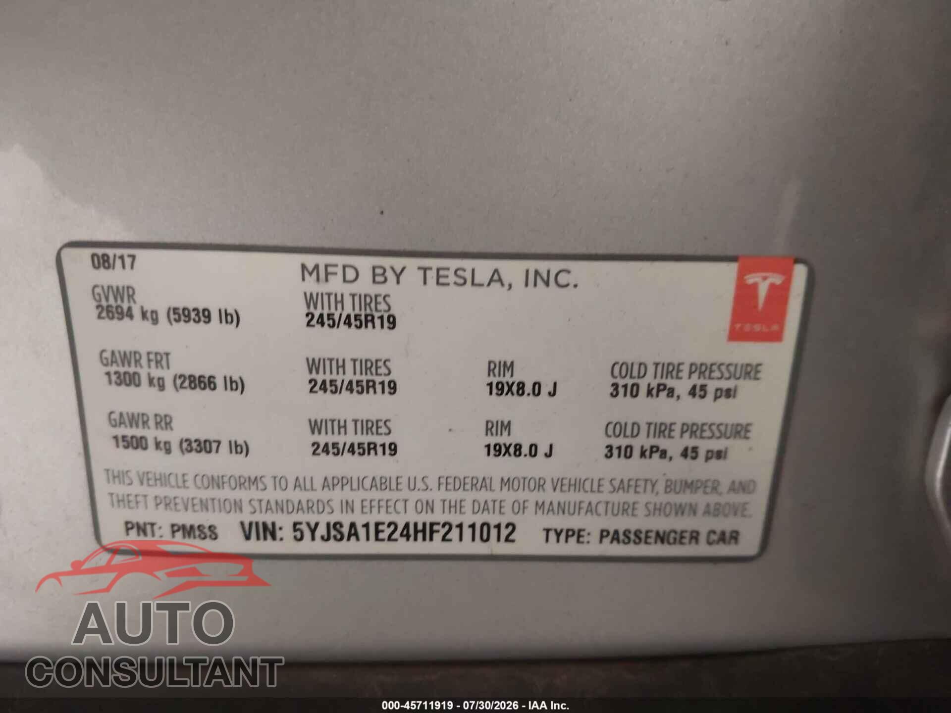 TESLA MODEL S 2017 - 5YJSA1E24HF211012