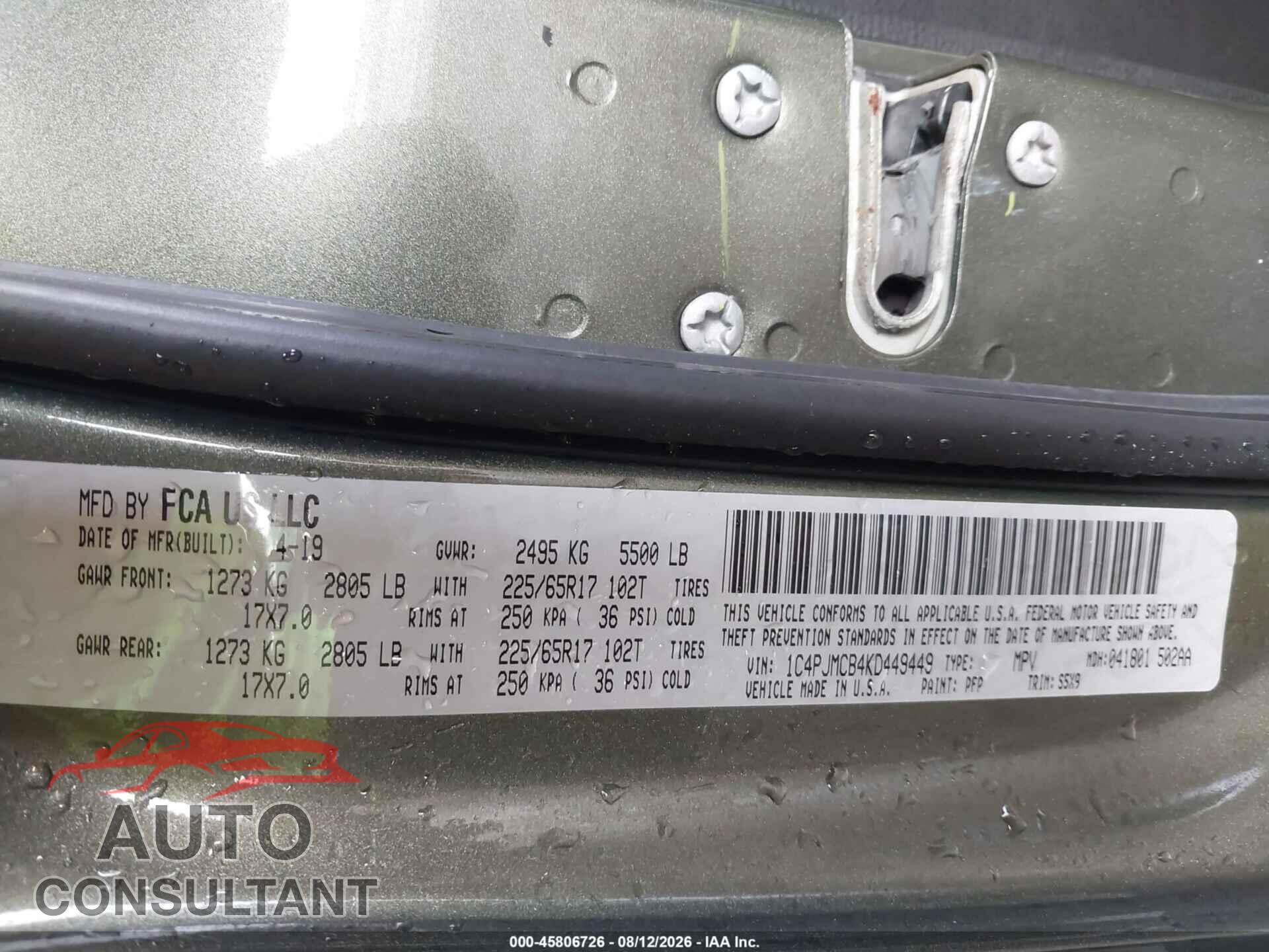 JEEP CHEROKEE 2019 - 1C4PJMCB4KD449449