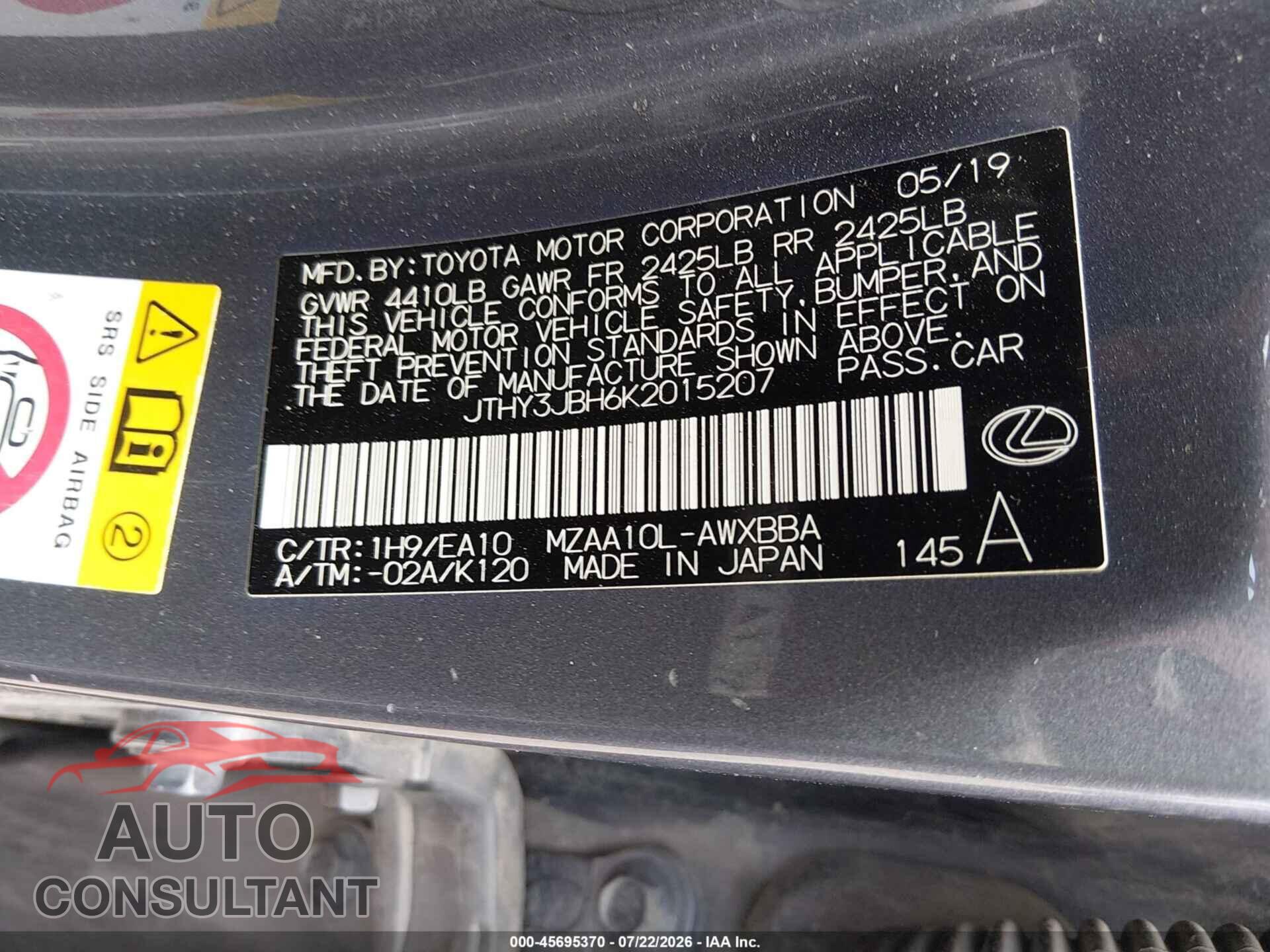 LEXUS UX 200 2019 - JTHY3JBH6K2015207