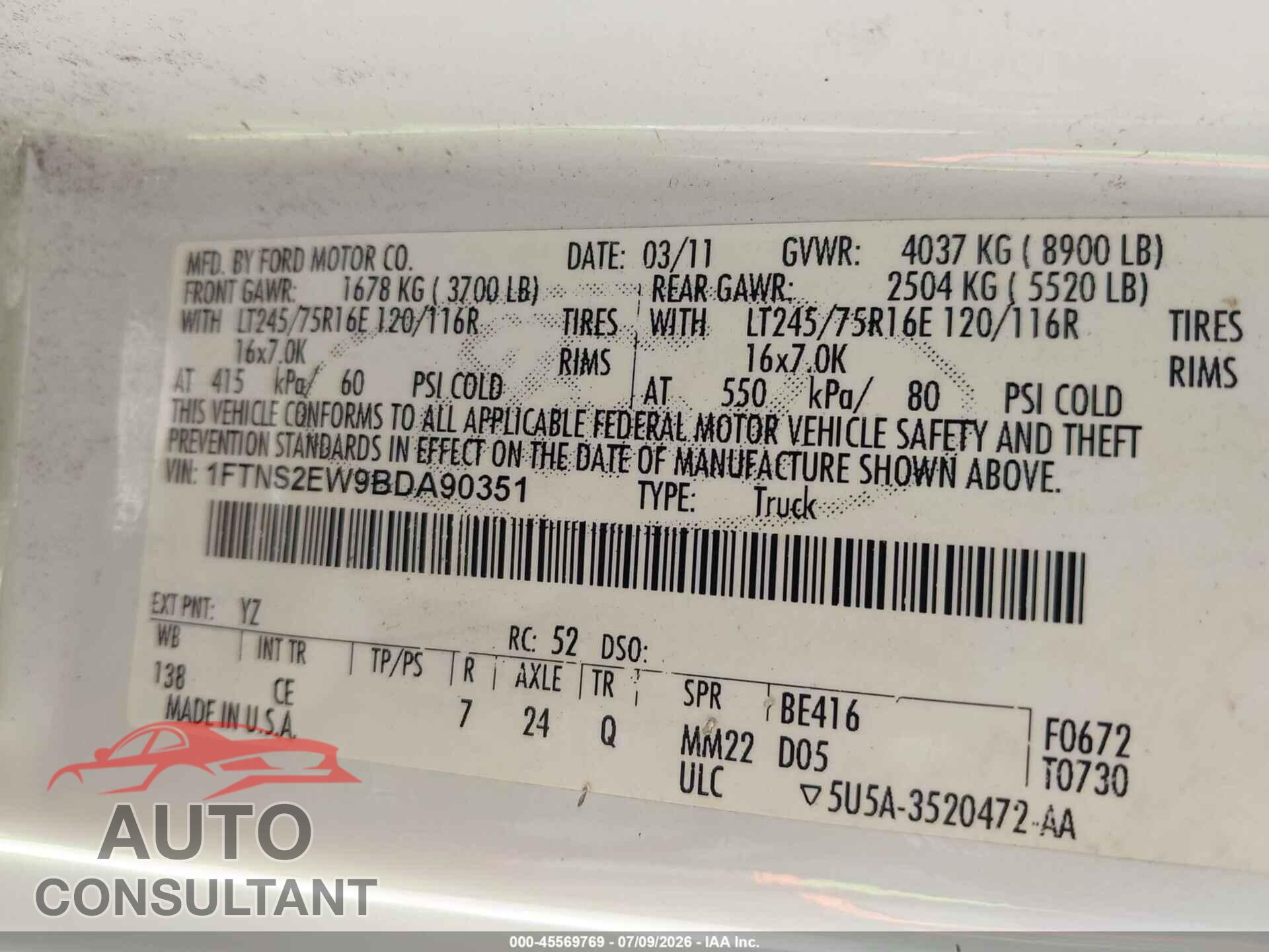 FORD E-250 2011 - 1FTNS2EW9BDA90351