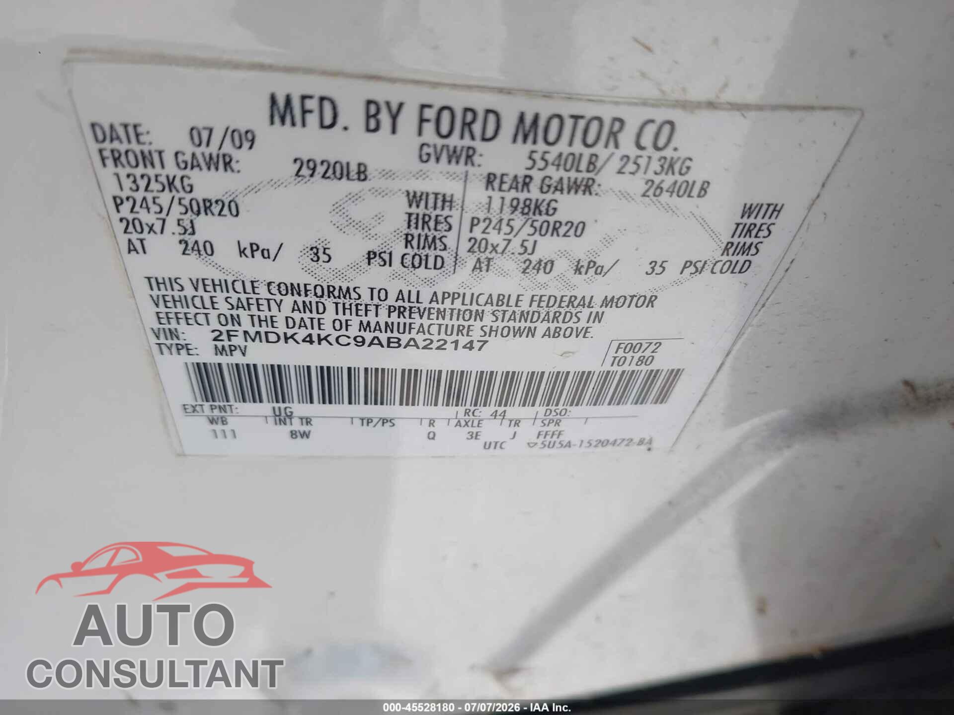 FORD EDGE 2010 - 2FMDK4KC9ABA22147