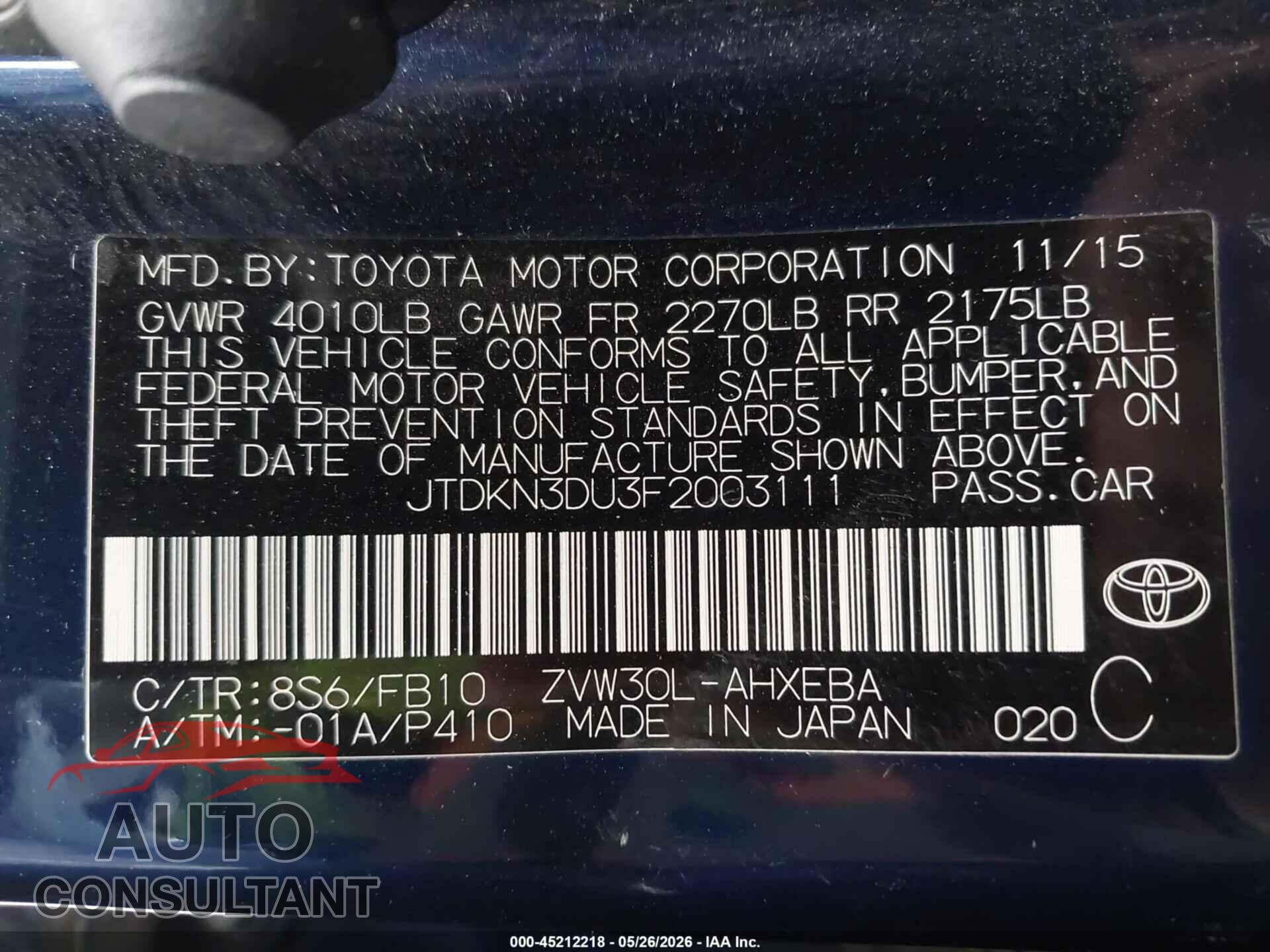 TOYOTA PRIUS 2015 - JTDKN3DU3F2003111