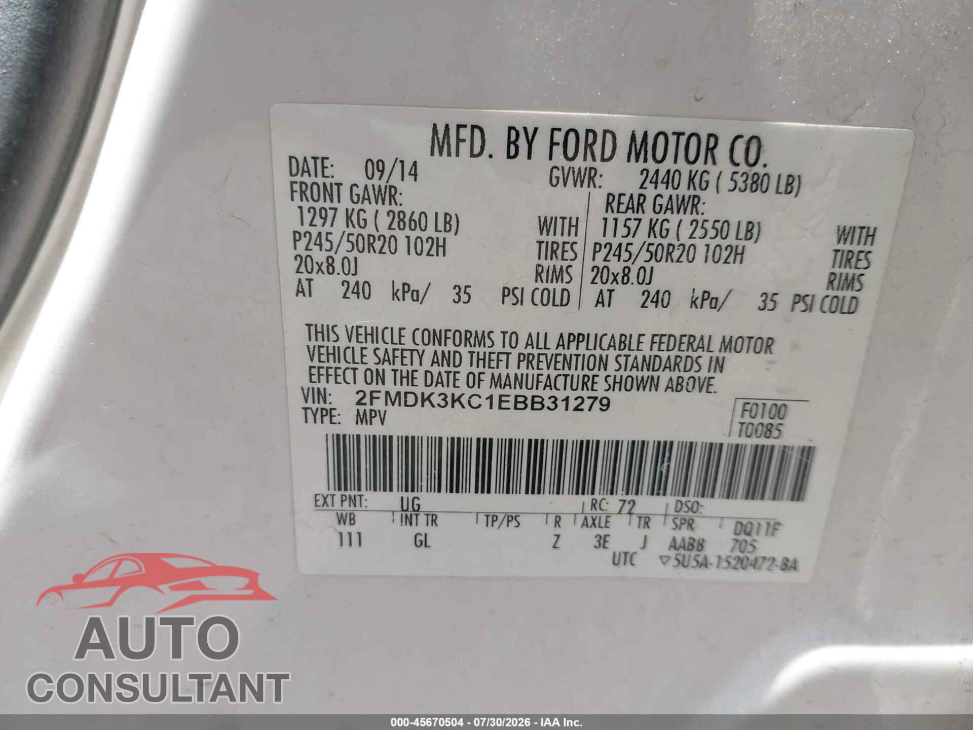 FORD EDGE 2014 - 2FMDK3KC1EBB31279