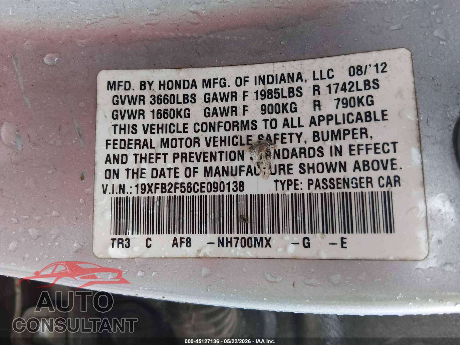 HONDA CIVIC 2012 - 19XFB2F56CE090138