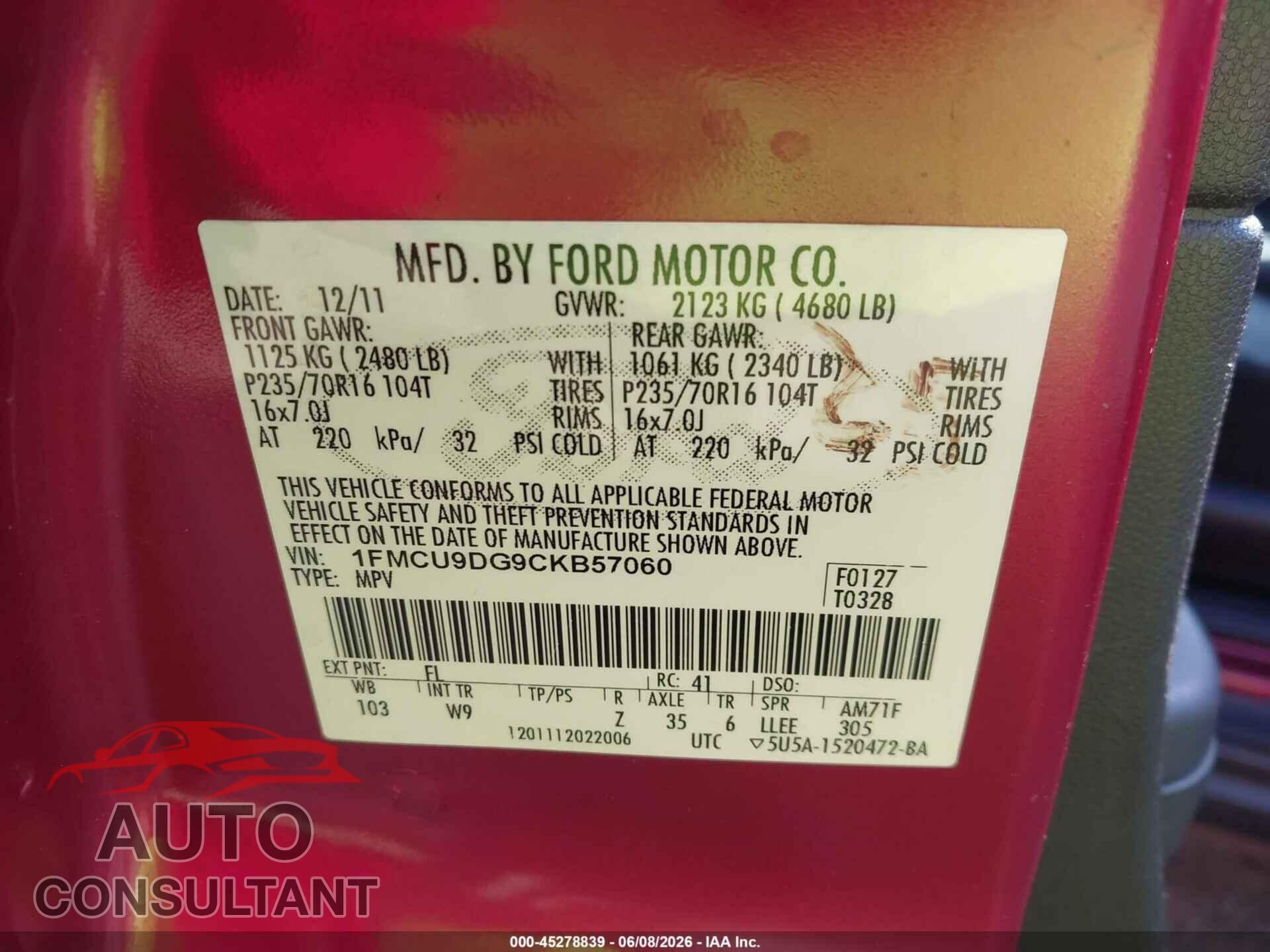 FORD ESCAPE 2012 - 1FMCU9DG9CKB57060